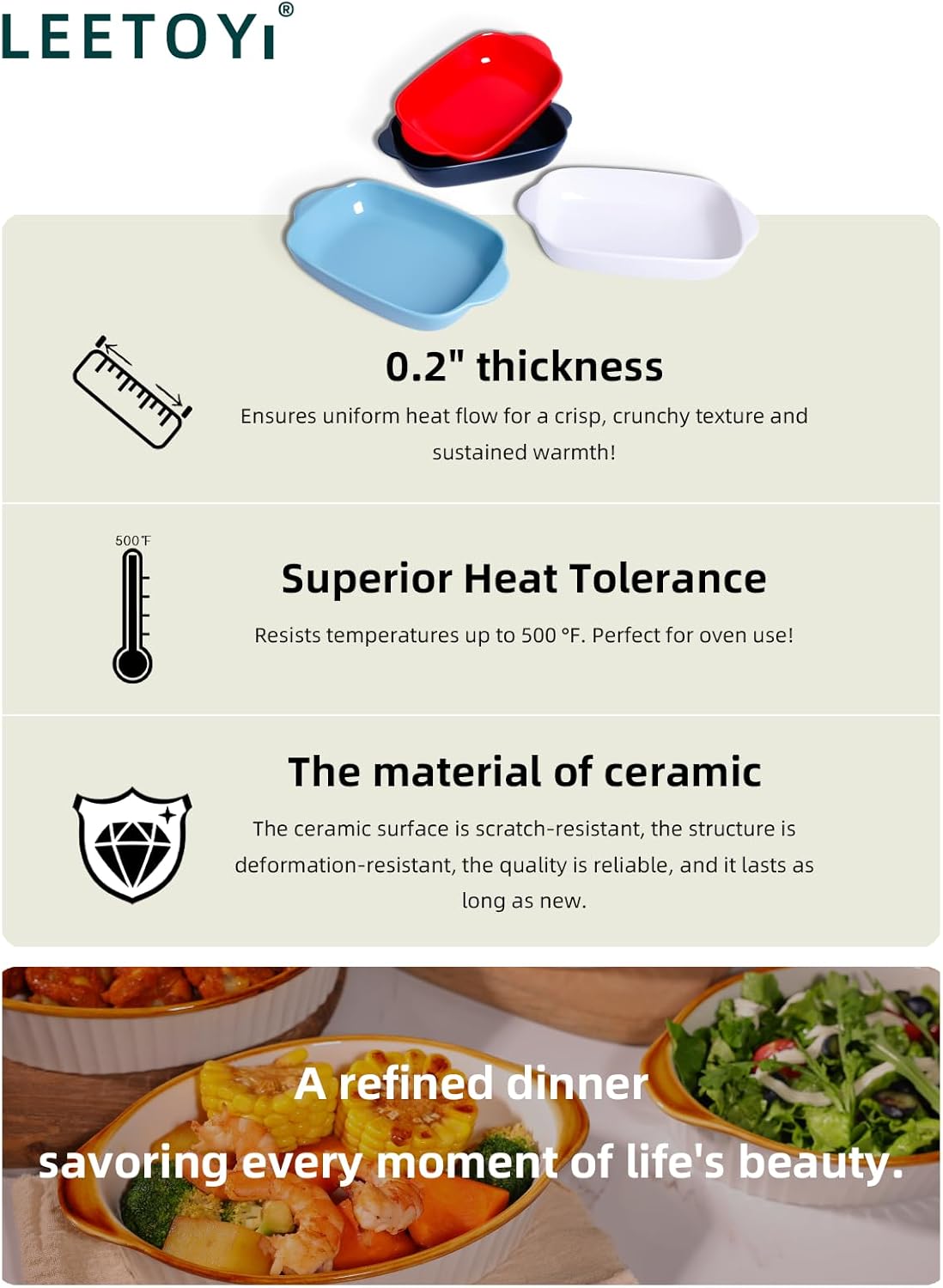 LEETOYI Ceramic Small Baking Dish 7.5-Inch Set of 4, Rectangular Bakeware with Double Handle, Baking Pans for Cooking and Cake Dinner (Red)