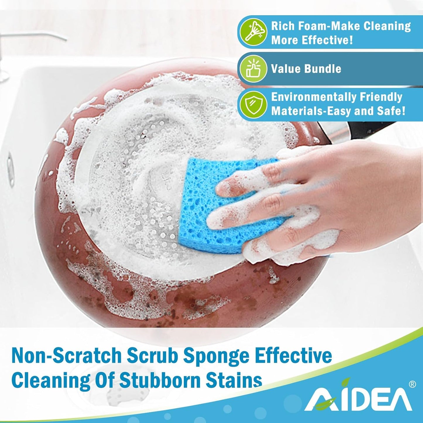 AIDEA Sponges Kitchen, Non Scratch Scrub Sponge, 6Count, Sponges for Non Stick Cookware, Cleaning Sponge for Dishes, Cleans Fast Without Scratching, Cleaning Power for Kitchen, Bathroom, Household