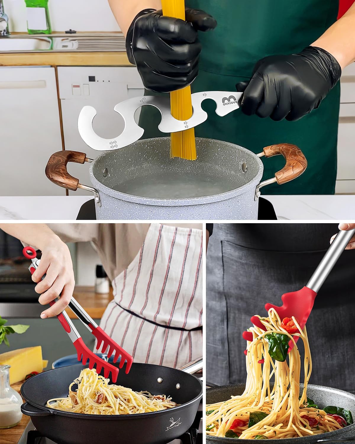 Silicone Spaghetti Spoon & Pasta Tong With Pasta Measurer, 3 Pack of Non-Stick Stainless Steel Handle Pasta Fork Set with Teeth, Food Clip for Easy Serving of Noodles (RED)