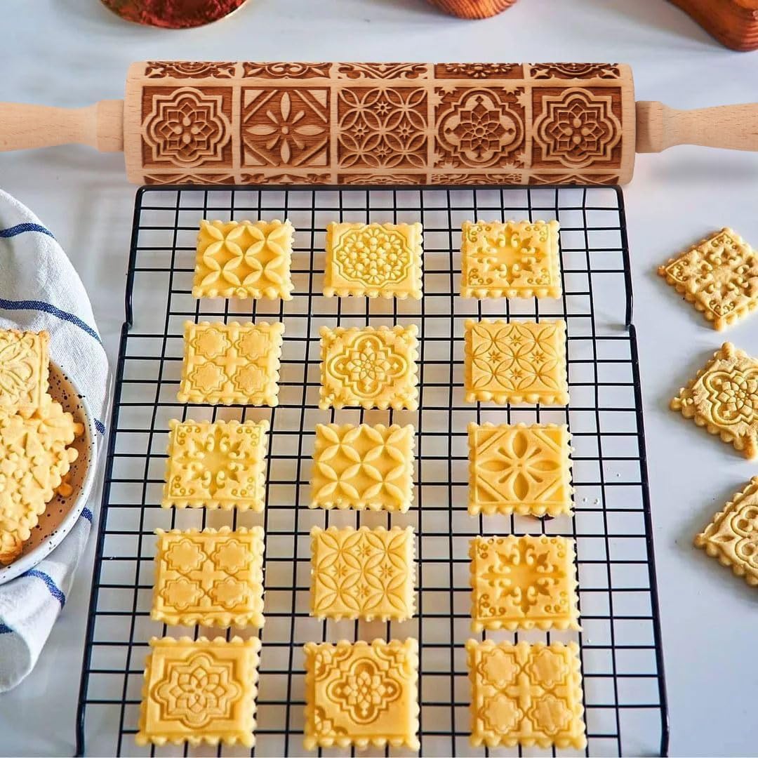 Christmas Embossed Rolling Pin for Baking Cookies Embossing Rolling Pins with Design Wooden Engraved Springerle Roller Pin Dough Patterned Clay Pottery Ceramic Bakers Women (Vintage Square Patterns)