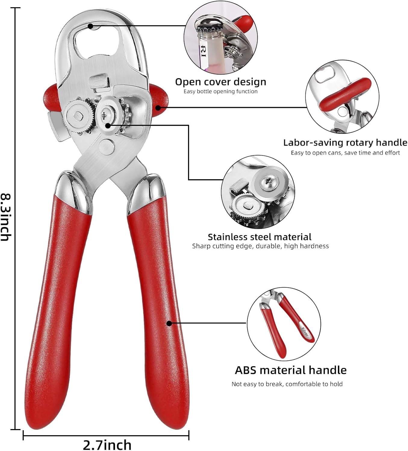 Multi-function Manual Can Opener Bottle Opener, Oversized Hand-held Easy Rotary Knob, Safe Cut Can Opener with Non-Slip Handle, Smoother Cut Sharp Blade for Seniors Kitchen Tool, Red