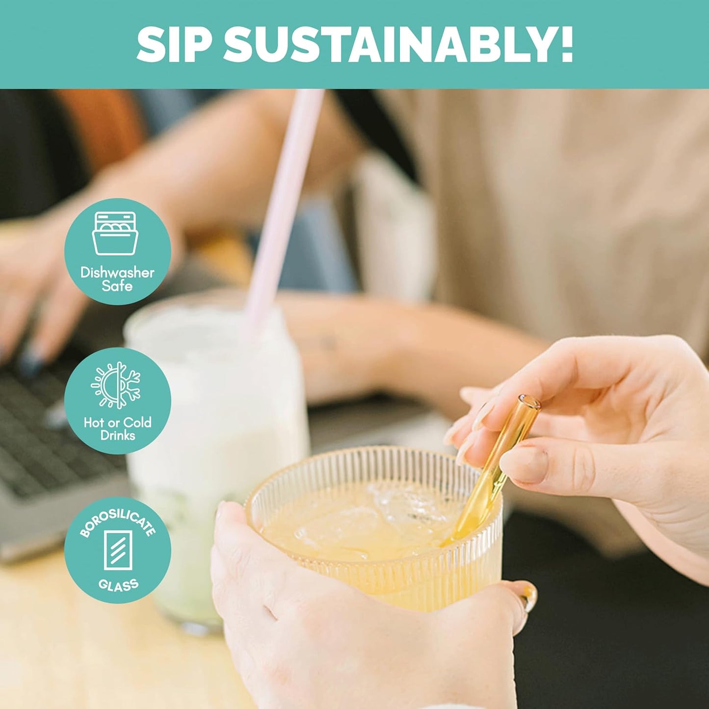 Simply Straws 6 Inch Glass Straws Bent (6-Pack) – Reusable Glass Straws for Low Balls & Stemless Glasses, with Cleaning Brush – Dishwasher Safe, Hot & Cold Use, BPA-Free (Air)