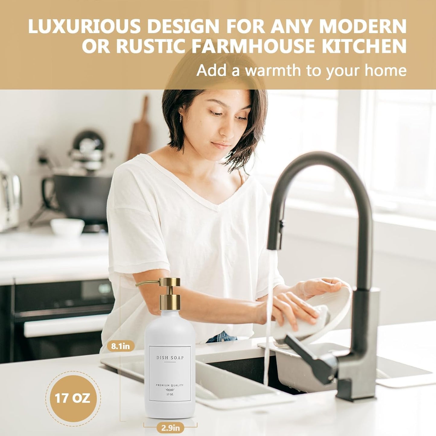 Soap Dispenser Bathroom - Kitchen Dish and Hand Soap Dispenser Set, Glass Bathroom Soap Lotion Dispenser with Pump, Tray, 14 Waterproof Labels, Set of 2 White Bottle/Gold Pump-pd