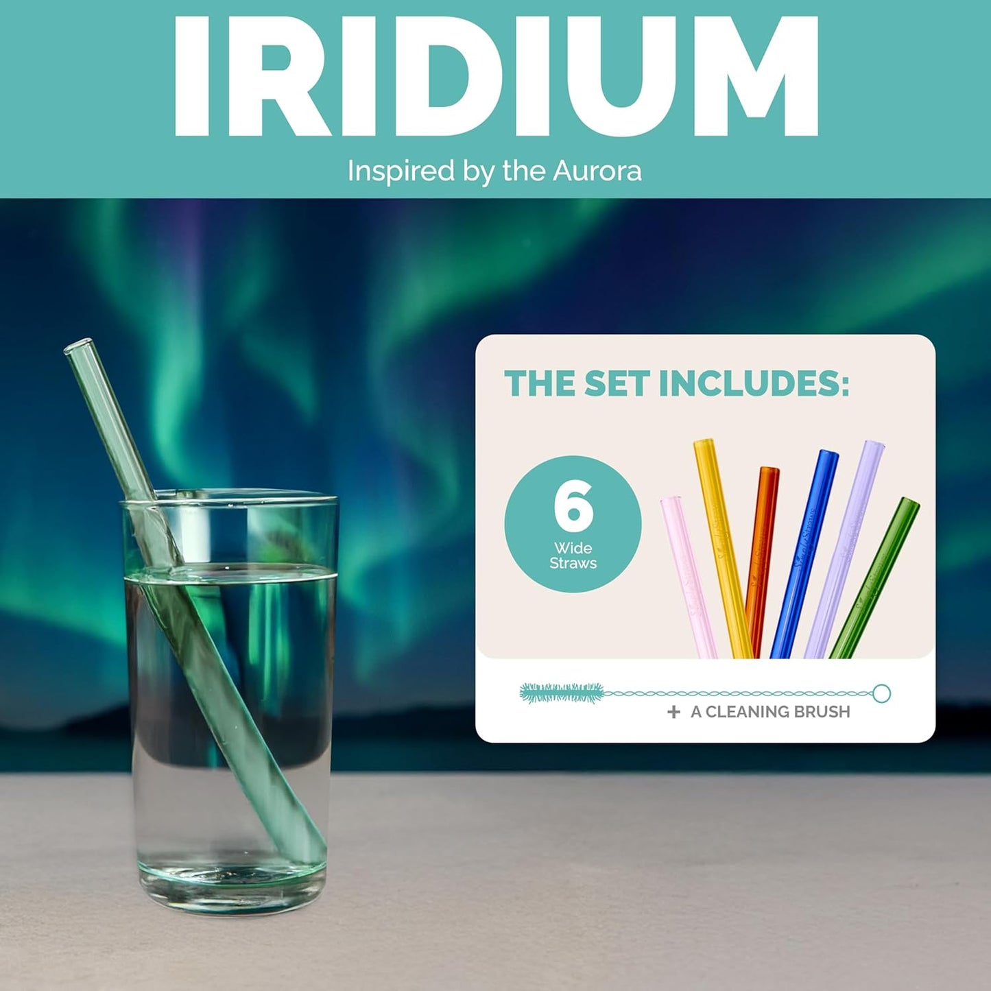 Simply Straws Wide Glass Straws (6-Pack) - 10in x 12mm Reusable Glass Smoothie Straws for Milkshakes, Juices & Slushies, with Cleaning Brush - Dishwasher Safe, Hot & Cold Use, BPA-Free (Iridium)