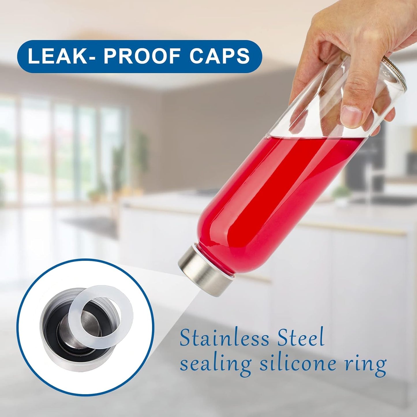 18 oz Glass Bottles with Lids and Silicone Sleeve, Reusable Glass Juice Bottles with Stainless Steel Cap for Juicing, Refrigerator,100% Leak Proof, BPA Free,Glass Water Bottles Set of 10