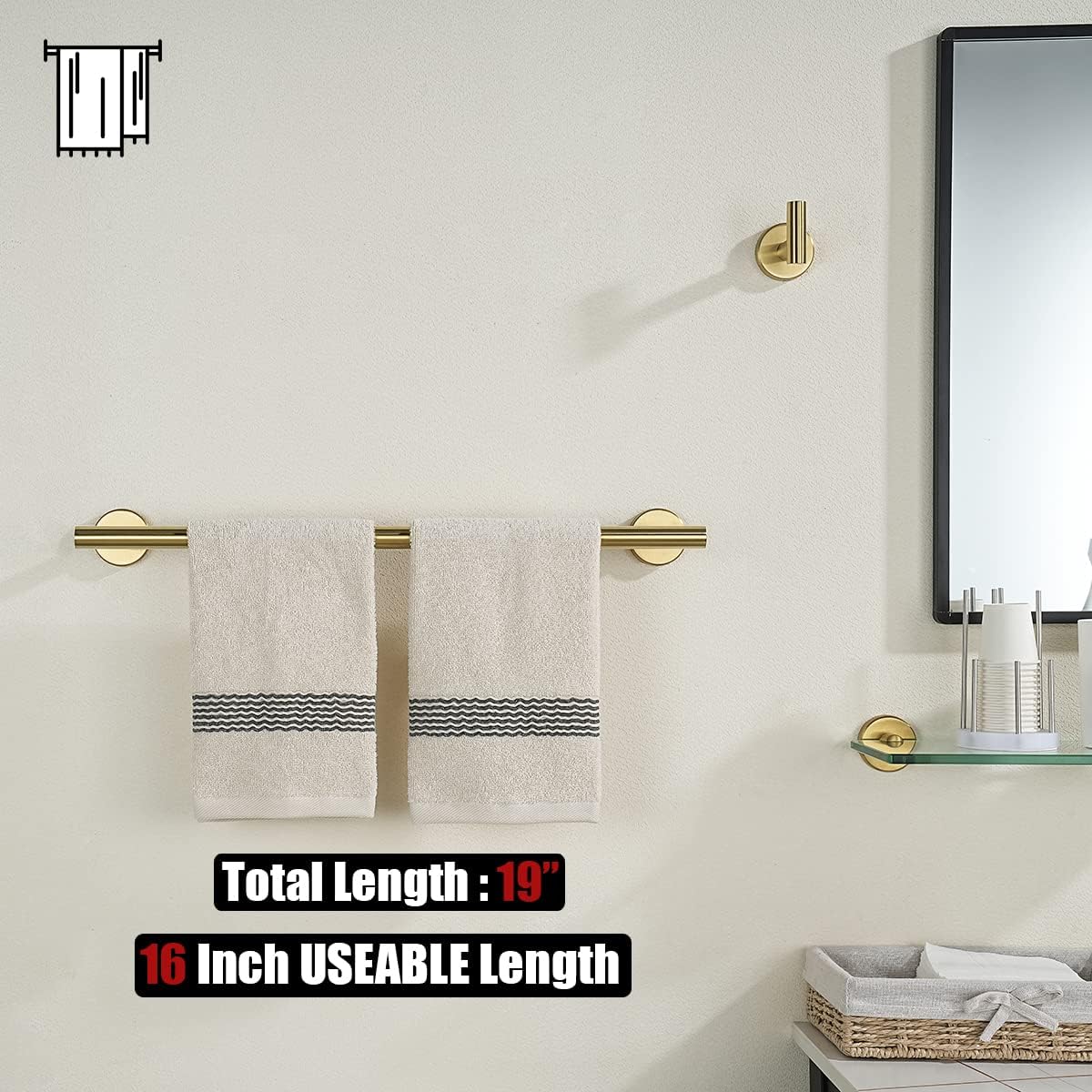 JQK Towel Bar Brushed Gold, 19 Inch 304 Stainless Steel Thicken 0.8mm Towel Rack Bathroom, Towel Holder Wall Mount, Useable Length 16 Inch TB110L16-BG