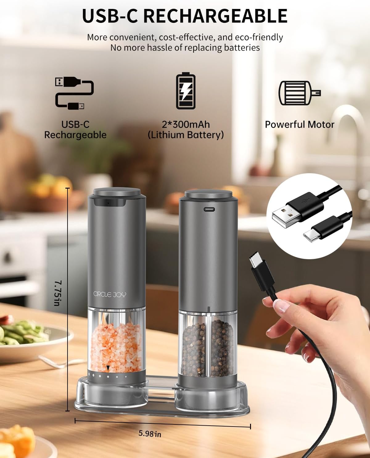 CIRCLE JOY Rechargeable Electric Salt and Pepper Grinder Set with Base, Aluminum Alloy Pepper Mills with 95ml Container, White LED Light and External Adjustable Coarseness, Space Grey