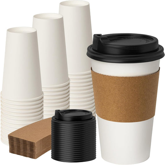 50 Pack 16 oz Disposable Coffee Cups with Lids and Sleeves, Paper Coffee Cups for Hot/Cold Drinks, Leak-Proof To Go Cups for Home, Cafes, Events and Office