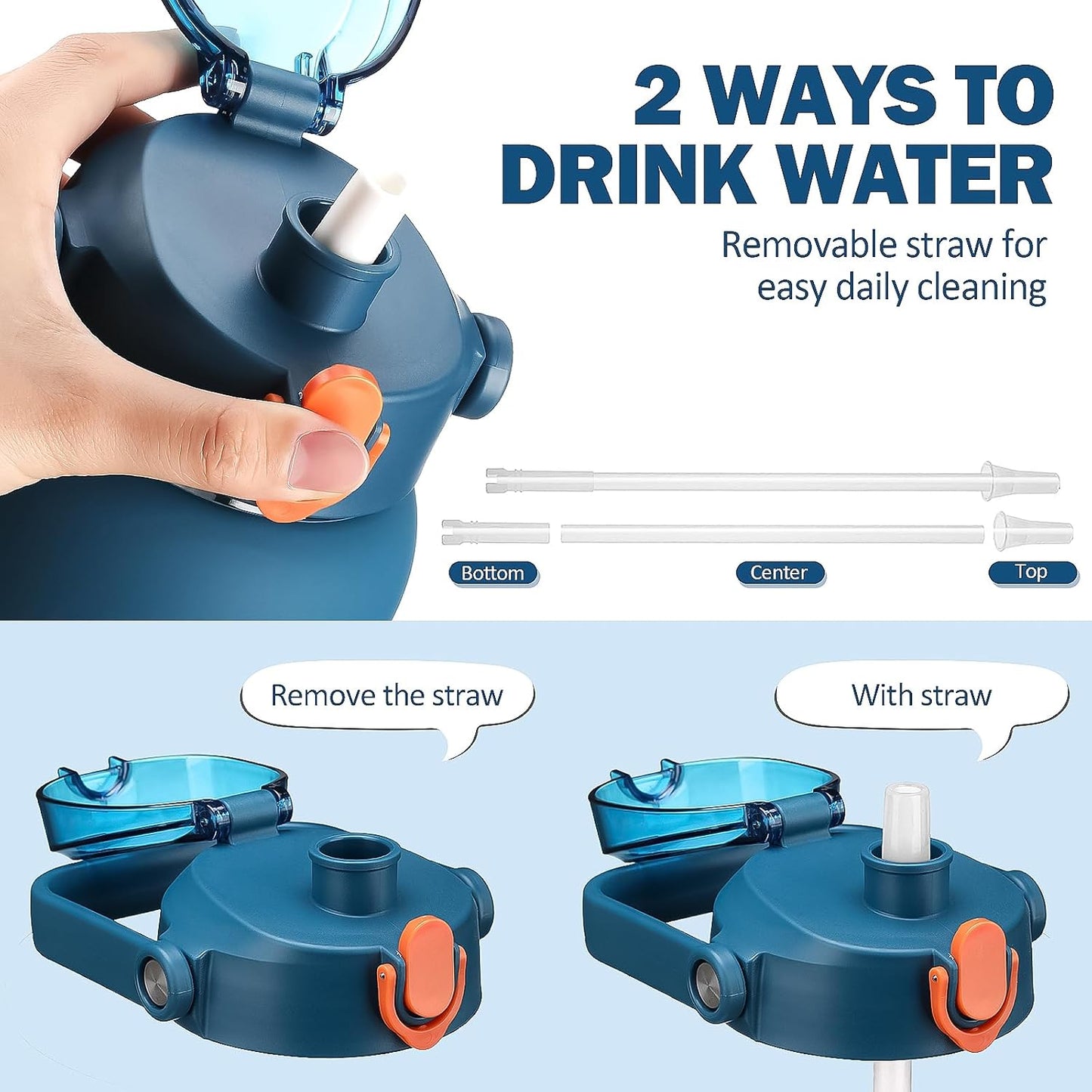 kytffu 42oz Glass Water Bottles with Straw, Motivational Glass Bottle with Silicone Sleeve and Time Marker, Leakproof Large Glass Water Jug for Gym Home Office,Blue