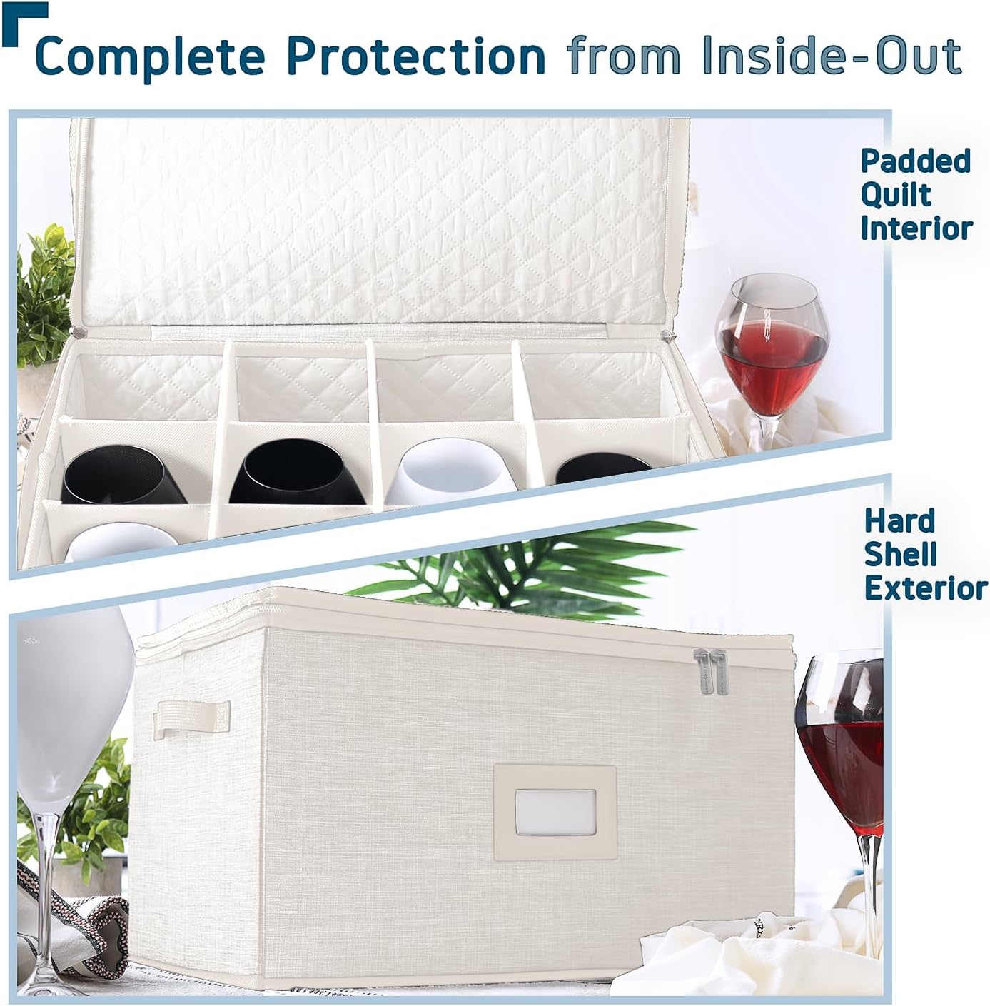 Hearth & Harbor Wine Glass Storage Box with Dividers, Quilted and Stackable Stemware Storage Cases, Service of 12 Glass China Container Hard Shell for Moving and Organization, Cream