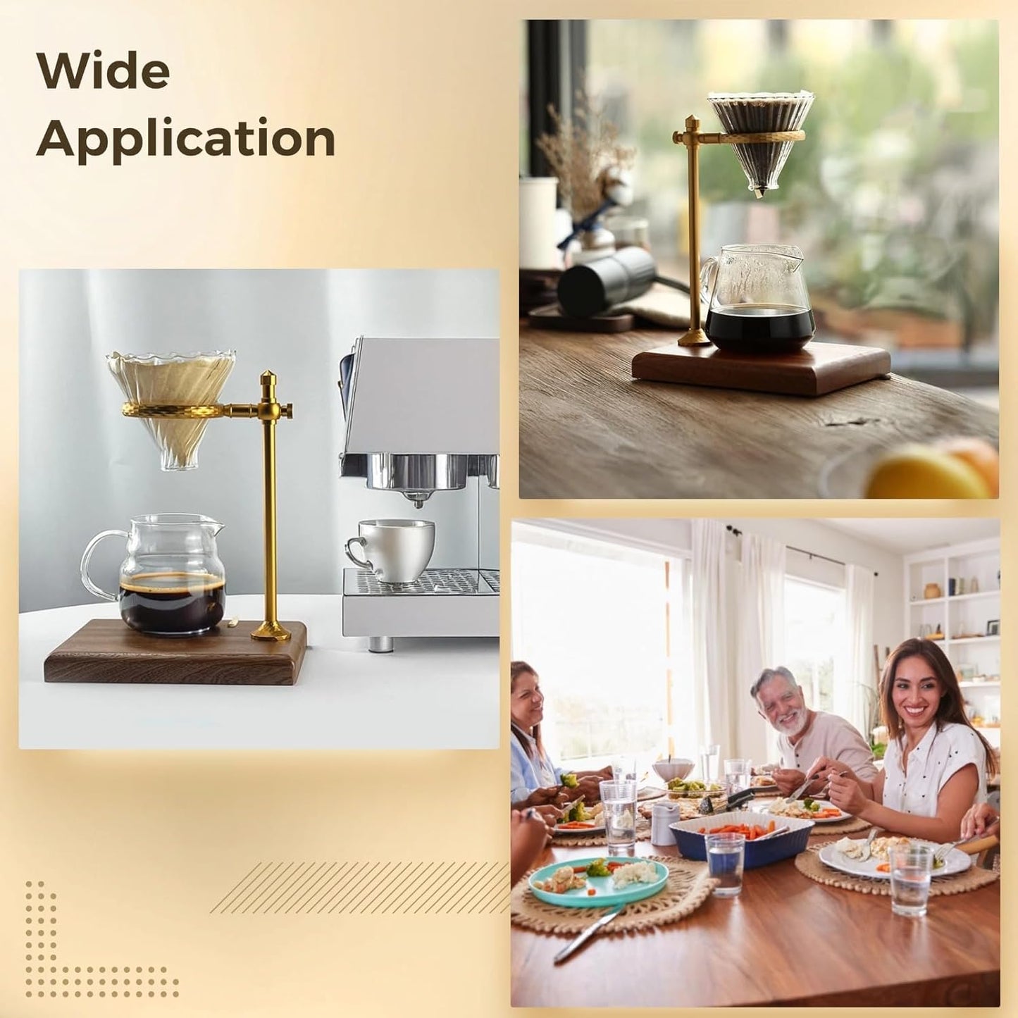 Pour Over Coffee Stand, Adjustable Dripper Holder, Solid Wood Base, Brass Metal Filter Brewer, Elegant Design for Home Office Cafe Bar Flavor Extraction