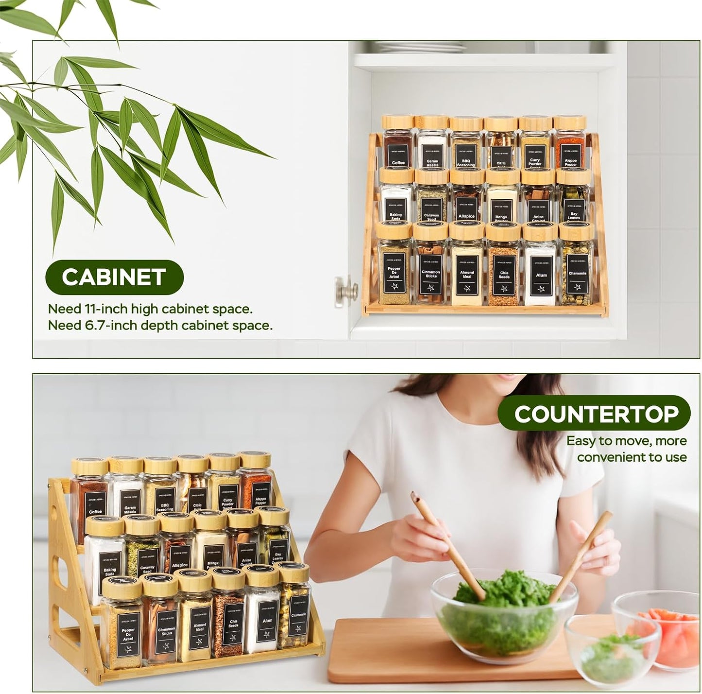 3 Tier Bamboo Spice Rack Organizer with 18 Spice Jars, 780 Labels, Wood Shelf, Chalk Marker and Funnel Set for Cabinet Kitchen Countertop, Empty 4 oz Glass Jars