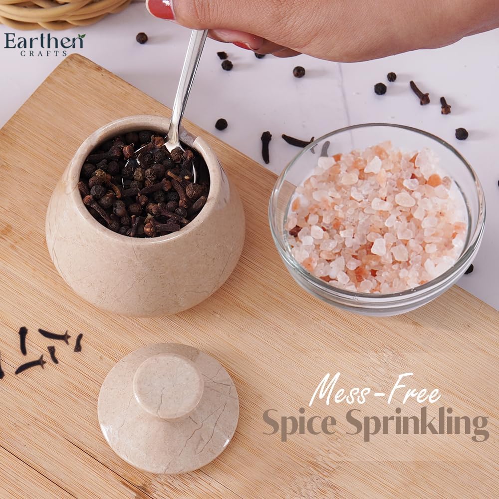 Marble Salt Cellar with Lid 3 Inch Verona Handmade Salt Box, Seasoning Container & Spice Jars with Spoon, Stone Salt Holder for Counter, Spice Jar
