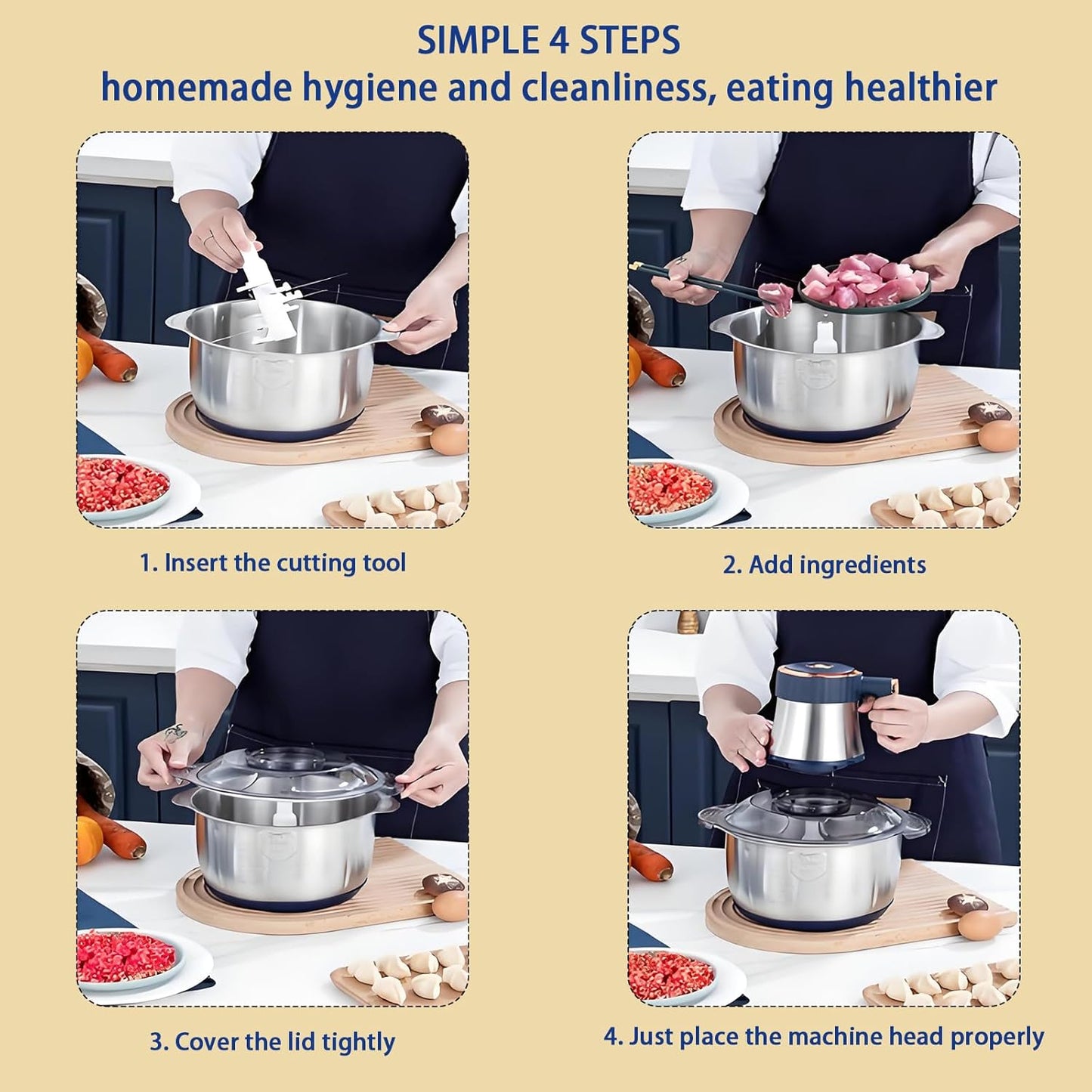 Electric Food chopper, Food Processors, Meat Grinder, 800W, 18/10 Stainless Steel, 3L Capacity,Vegetable Chopper,5-key Buttons,Quadruple-Layer 4 Blades,Suitable For Food processing and Chopping