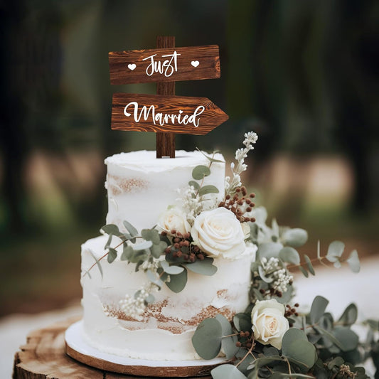 Rustic Just Married Wedding Cake Topper in Wood Wedding Cake Decoration