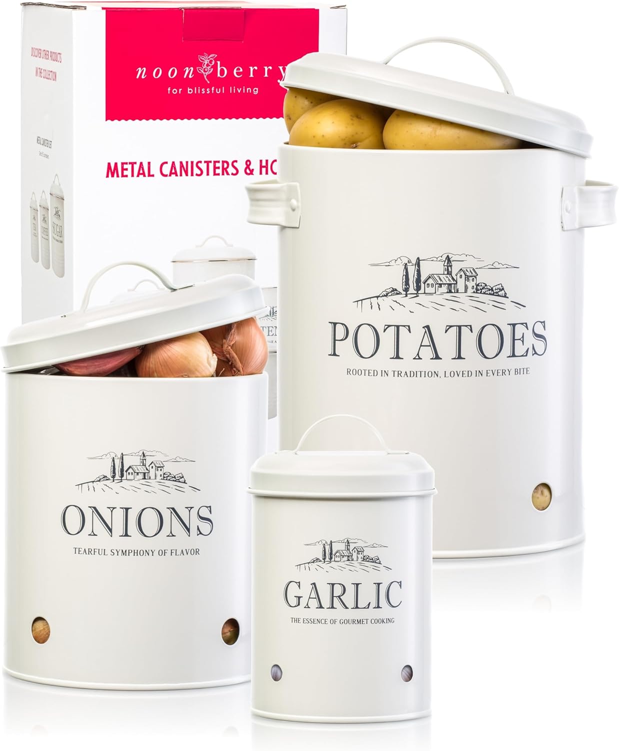 Potato and Onion Storage Bin Set – 3 Metal Farmhouse Canisters with Ventilation Holes – Rustic Kitchen Organizer for Garlic, Onion, and Potato Storage – Countertop or Pantry Use