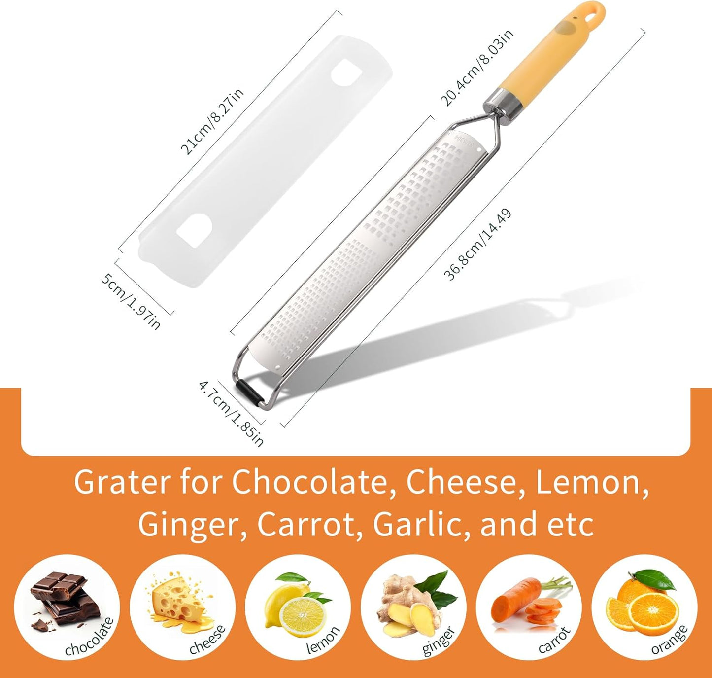Lemon Zester Tool, Citrus Zester Grater with Handle, Heavy Duty Stainless Steel Fine & Coarse Cheese Grater for Ginger Garlic Chocolate Fruits Vegetables, with Protective Cover