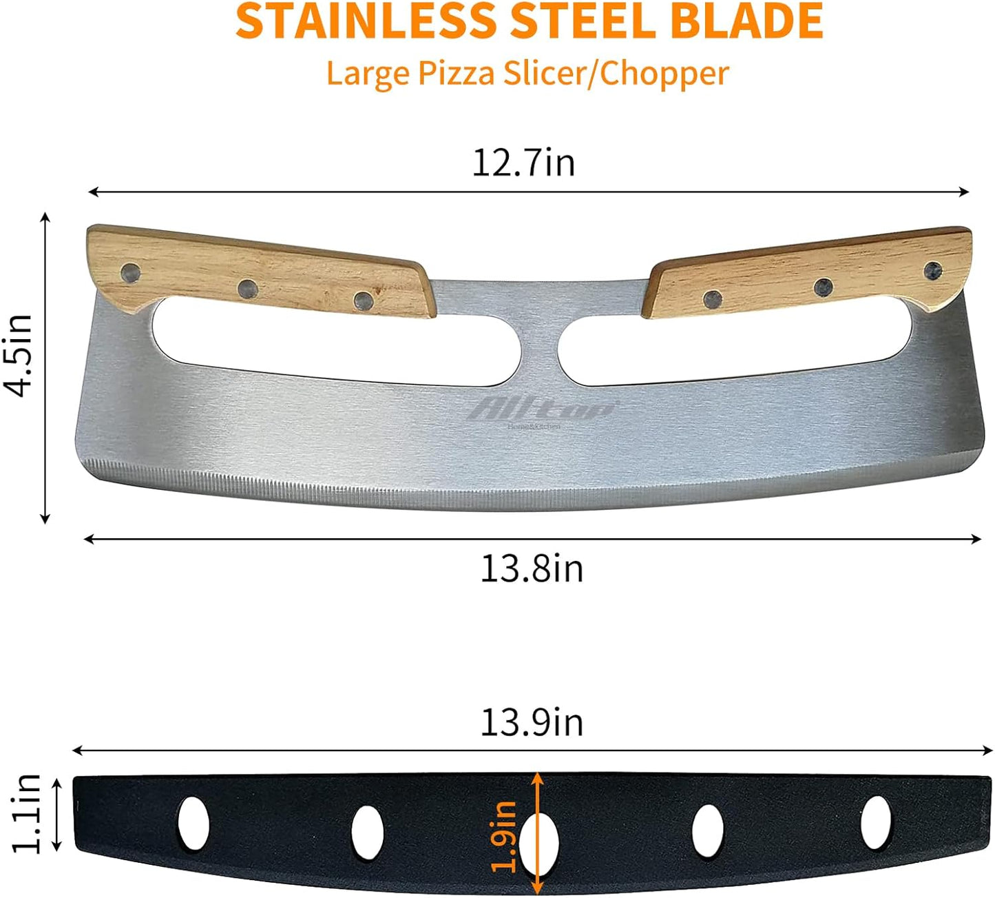 ALLTOP Pizza Cutter Rocker,Stainless Steel Blade Knife With Double Wooden Handle & Plastic Cover, Large Pizza Slicer/Chopper, Essential Kitchen Tool -14 In