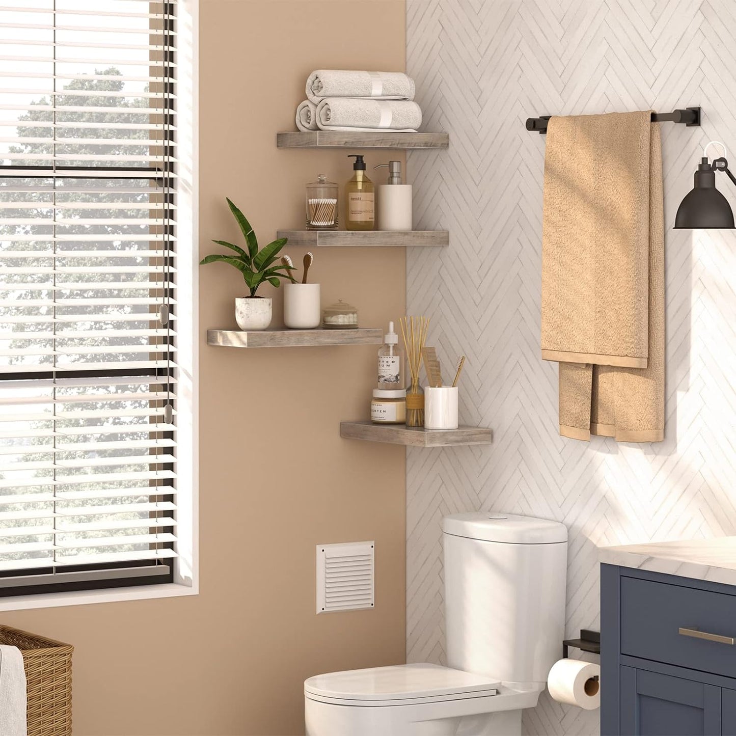 HOOBRO Floating Shelves for Wall, Wall Mounted Shelf Set of 2, 15.7" Hanging Shelf with Invisible Brackets, for Wall in Bathroom, Bedroom, Toilet, Kitchen, Living Room, Office, Greige BG40BJ01