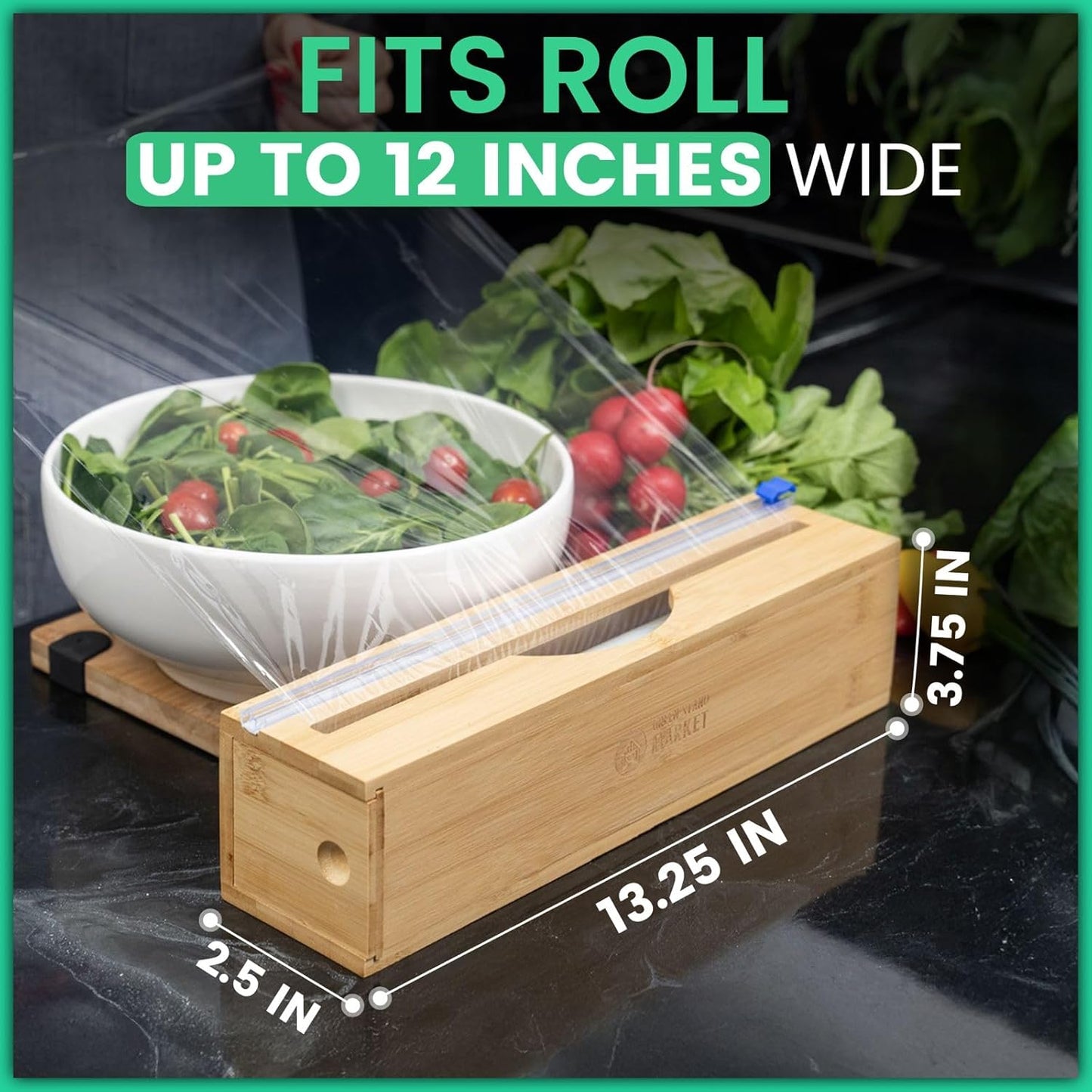 Plastic Wrap Dispenser with Cutter - Fits 12" Rolls - Cuts Aluminum Foil, Saran Wrap, Cling Wrap, Wax Paper