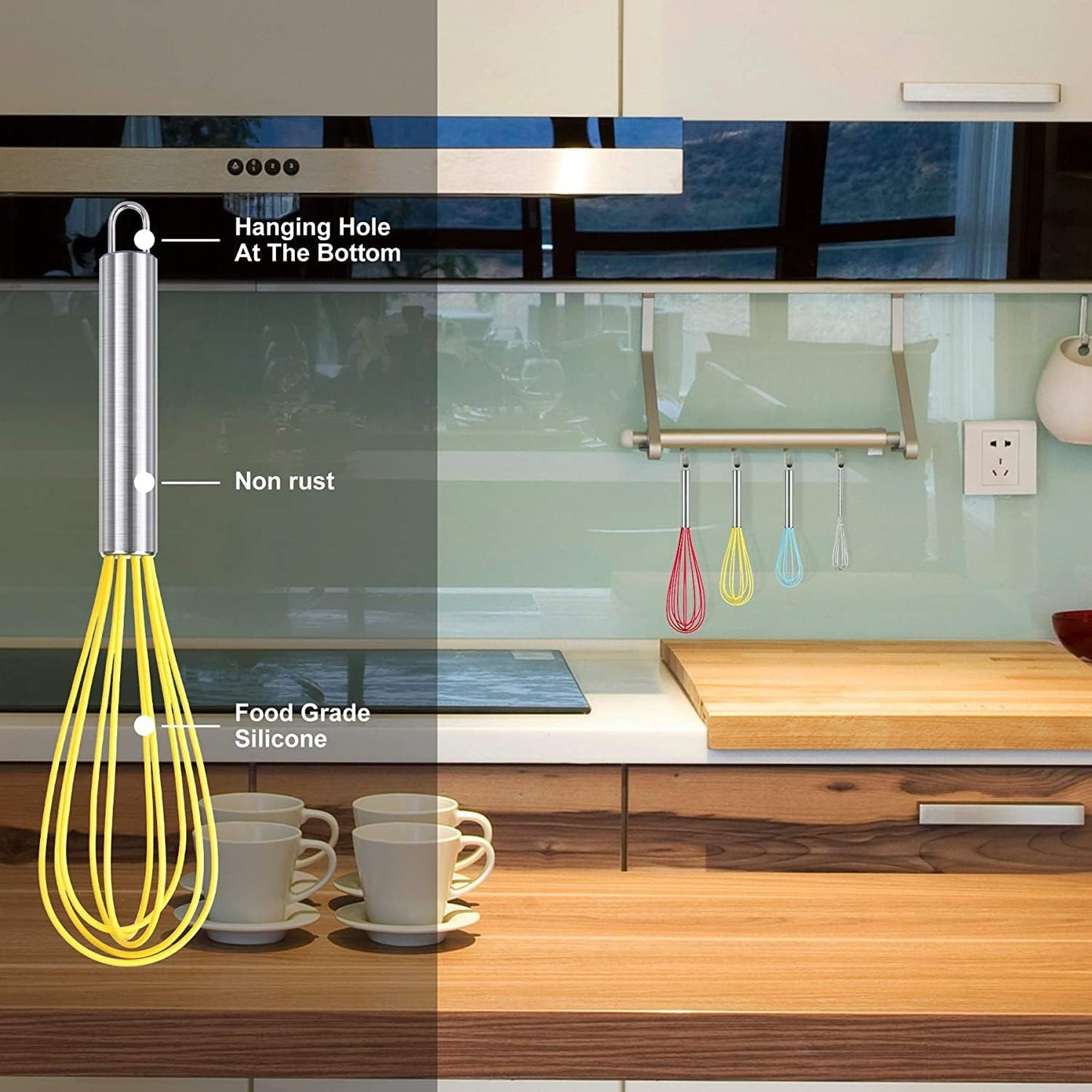 HOTEC 4 Pieces Silicone Whisks Set, Wire Balloon Whisks for cooking Egg Beater, Non-slip Handle Whisk for Non-stick Cookware Perfect for Cooking, Stirring, Beating and Blending (Multicolor)