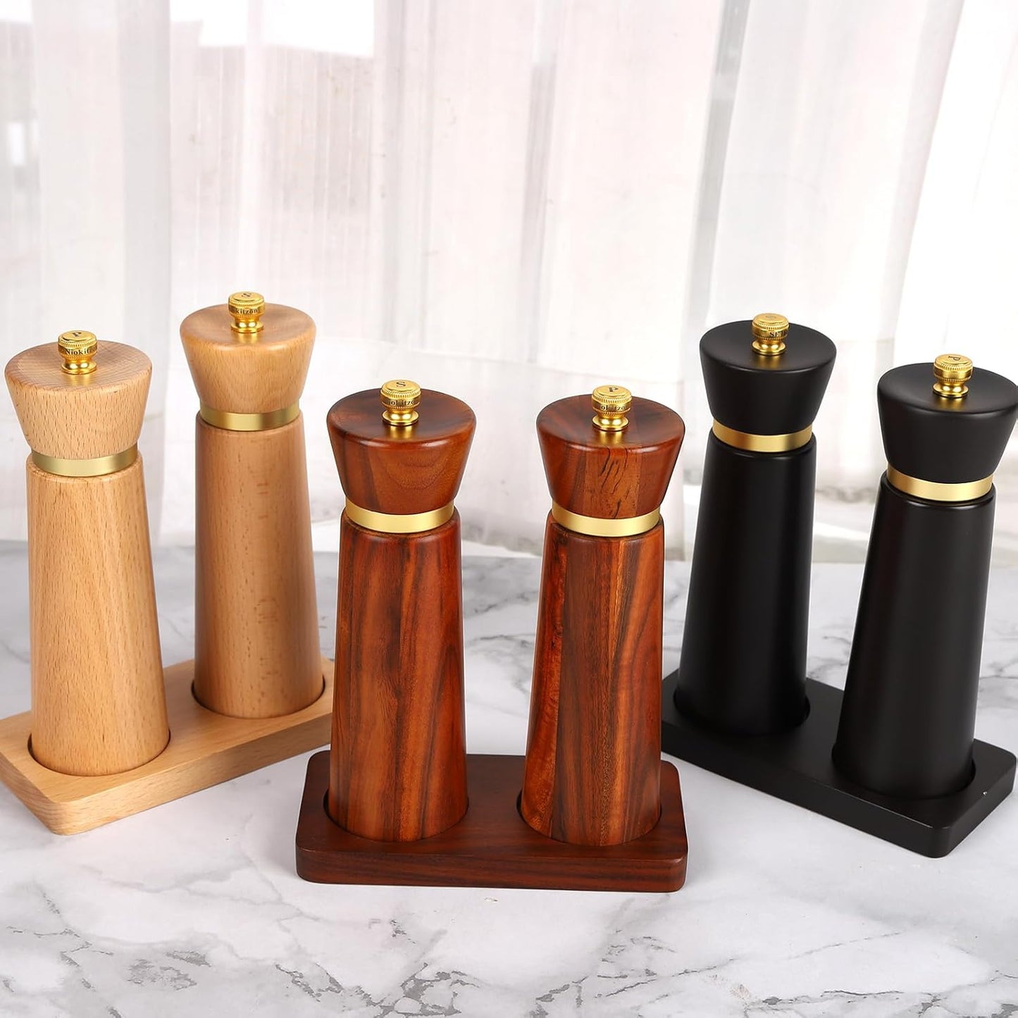 Wooden Salt and Pepper Grinder Set, Salt grinder Refillable with adjustable Coarseness, Acacia Wood pepper grinder manual, Salt and Pepper Shakers Matching Wooden tray-Ideal for Gifting