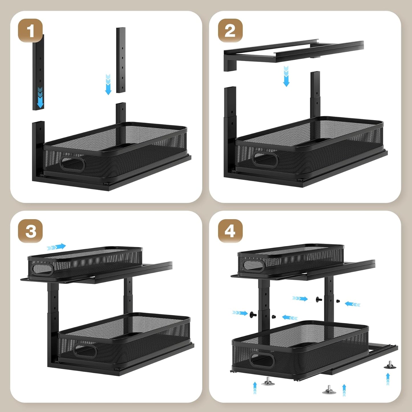 2 Pack 21IN-Depth Under Sink Organizer With Next-Gen Ball-Bearing Slides,2-Tier Precision Mesh Pull Out Cabinet Storage for Bathroom&Kitchen,Height Adjustable Drawers Shelf,Anti-rust-Black