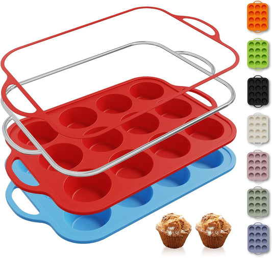 2 Packs 12 Cups Silicone Muffin Pan with Metal Reinforced Frame Regular Size Cupcake Pan Tray Silicone Molds Muffin Tin Tart Pans Moldes Para Gelatinas De Figuras Grandes Individuales Hornear Pasteles