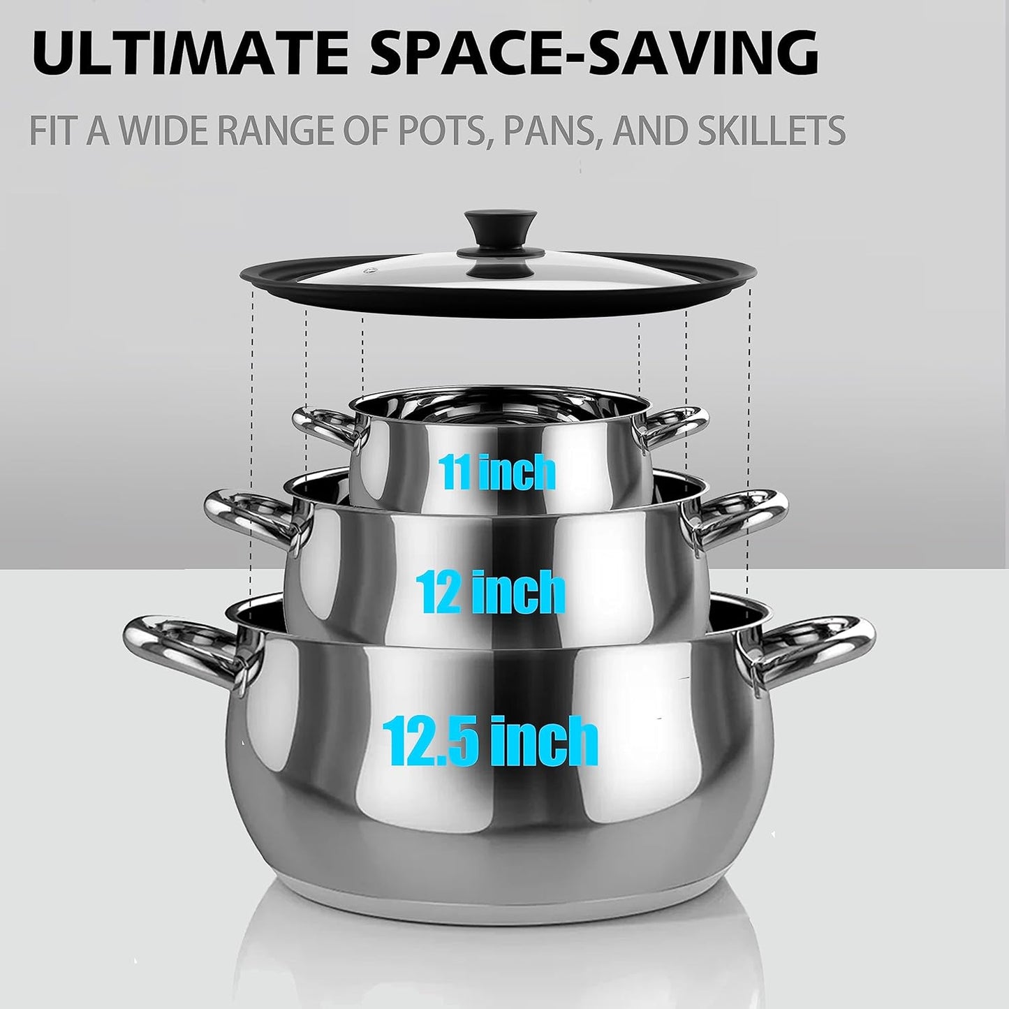 Tempered Glass Lid - Universal Lid with Heat Resistant Silicone Rim for Pots, Pans and Skillets - Pan Cover Replacement Lid Fits 11", 12" and 12.5" Diameter Cookware