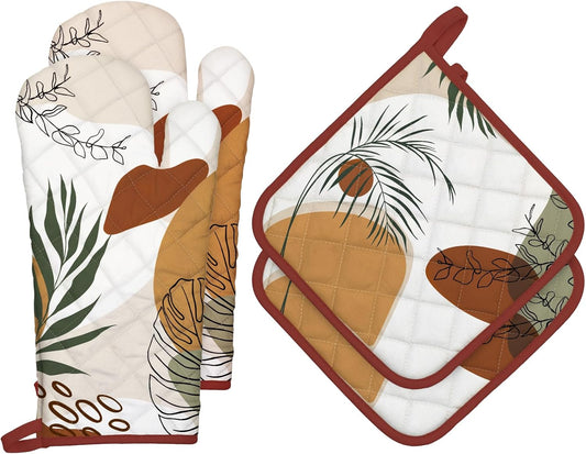 Boho Leaf Oven Mitts and Pot Holders Sets 4Pcs, 100% Cotton Heat Resistant, Extra Long Oven Gloves Potholder for Kitchen Cooking Baking Decoration