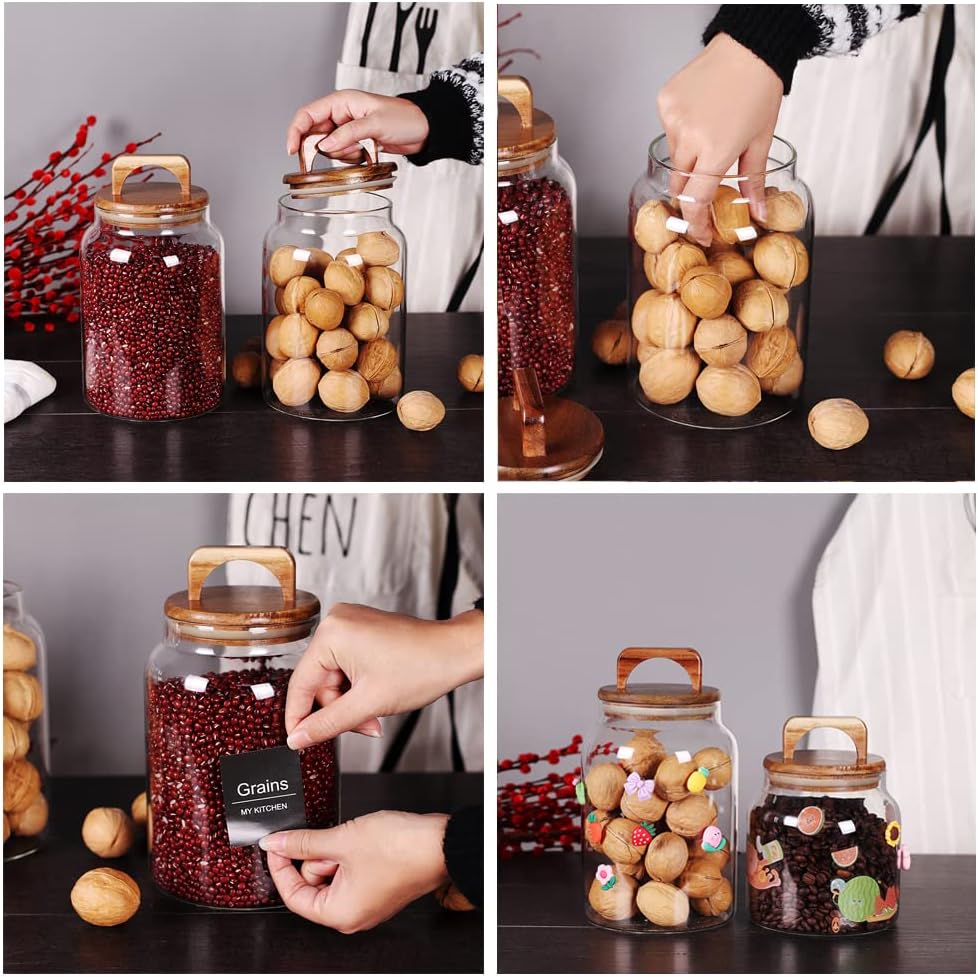 SAIOOL Canister Set of 2, Glass Kitchen Canisters with Airtight Acacia Lid, Tall Clear Airtight Food Storage Jar, Kitchen Pantry Storage Container for Noodles Flour Cereal Coffee