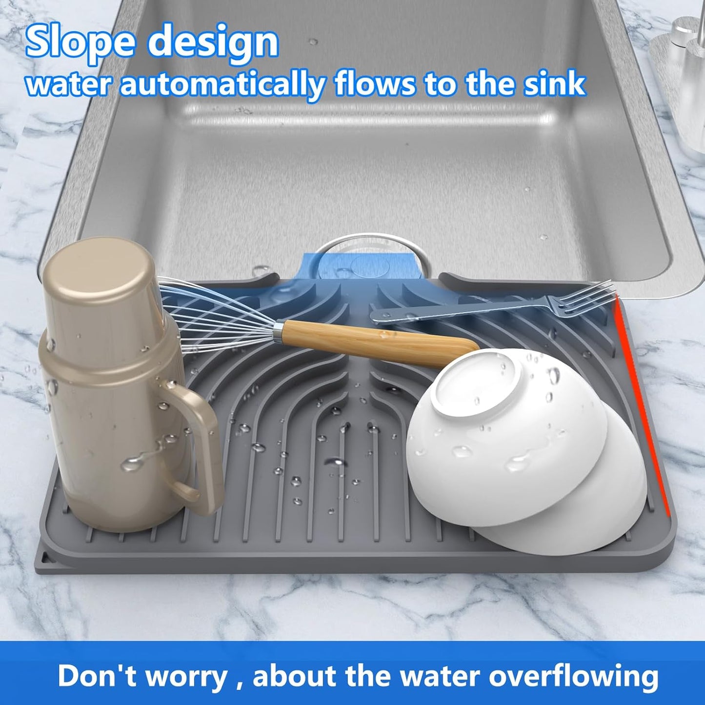 Dish Drying Matt for Kitchen Counter,14.6"×11"Silicone Dry Rack Mat with Built in Drain, Kitchen Dry Mats for Dishes Drying Pad for Counter(gray)