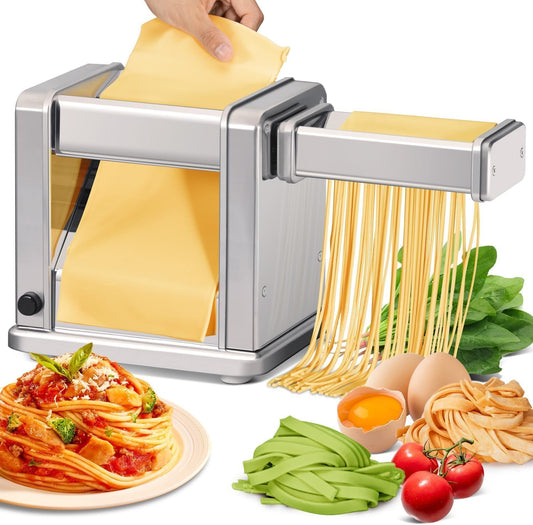 Electric Pasta Maker Stainless Steel Noodle Machine with Roller & Cutter Adjustable 7 Thickness & 2 Width for Spaghetti, Fettuccini, Lasagna, Pie Crust, Dumpling, Wonton
