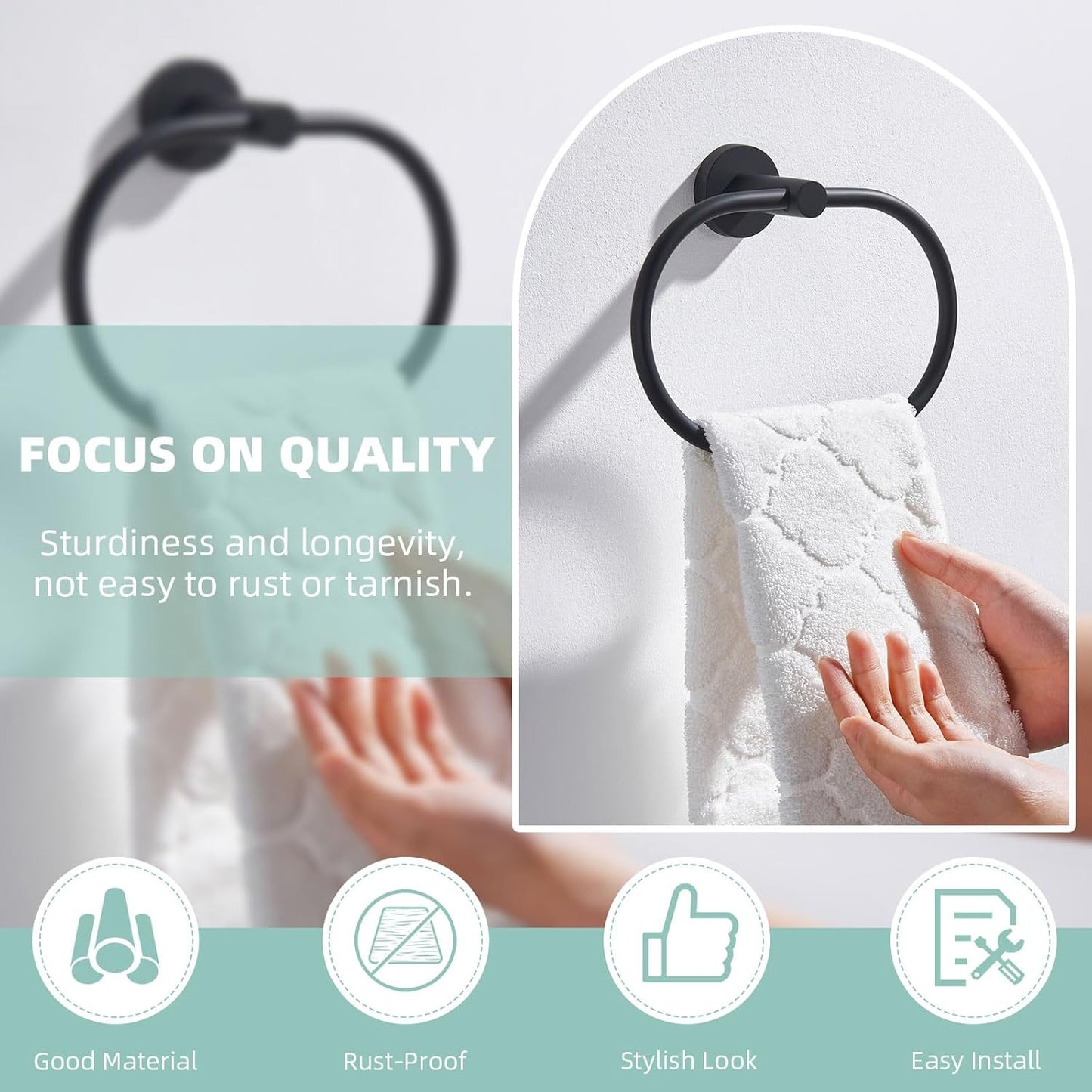 Suyar Matte Black Towel Ring, Stainless Steel Modern Swivel Hand Towel Holder for Bathroom Wall, Oval Shape