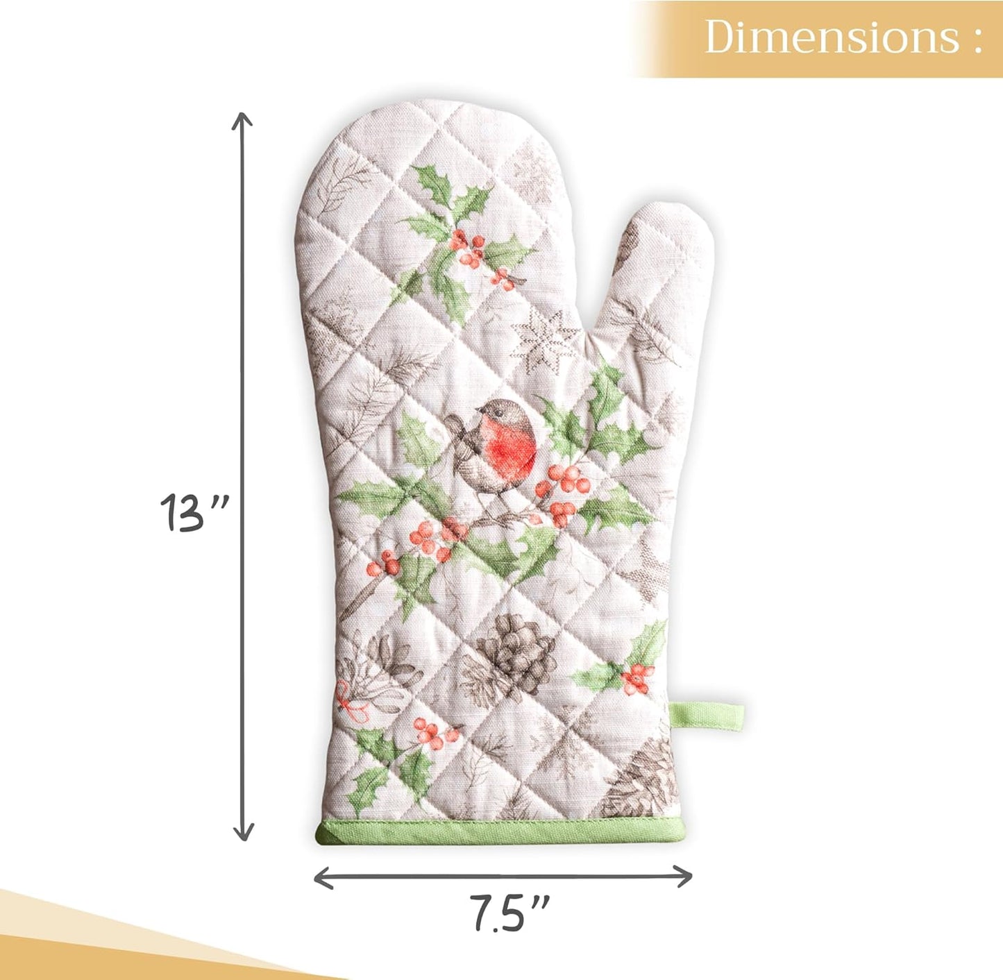 Maison d' Hermine Oven Gloves 100% Cotton Oven Mitt 7" x 13" with Loop Heat Resistant, BBQ, Cooking Gloves, Baking, Grilling, Kitchen, Handling Hot Pans (Pack of 1, Christmas Dew)