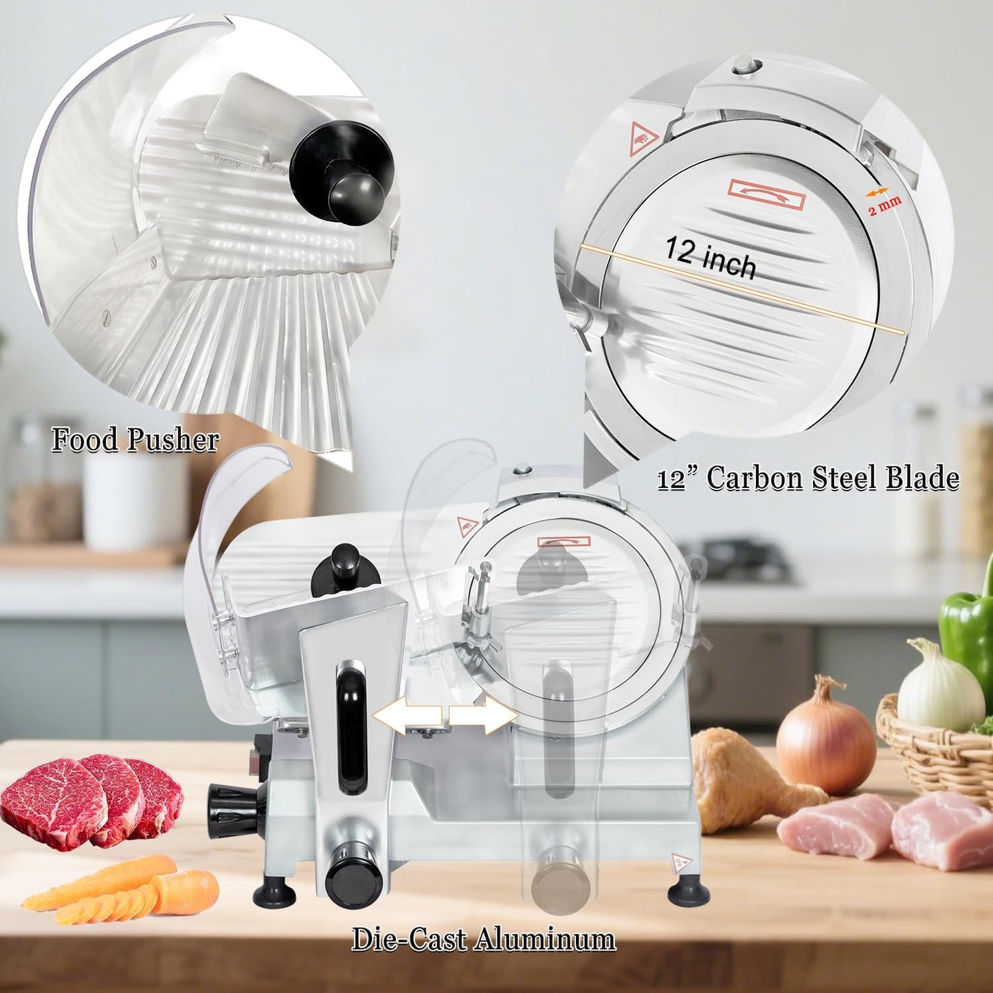 CTJ Commercial Meat Slicer 12" Electric Deli Slicers 250W Meat Cutter Machine (0-0.62") Adjustable Thickness Food Slicer with Cut-Resistant Gloves for Vegetables, Hard Bread, Cheese, Ham