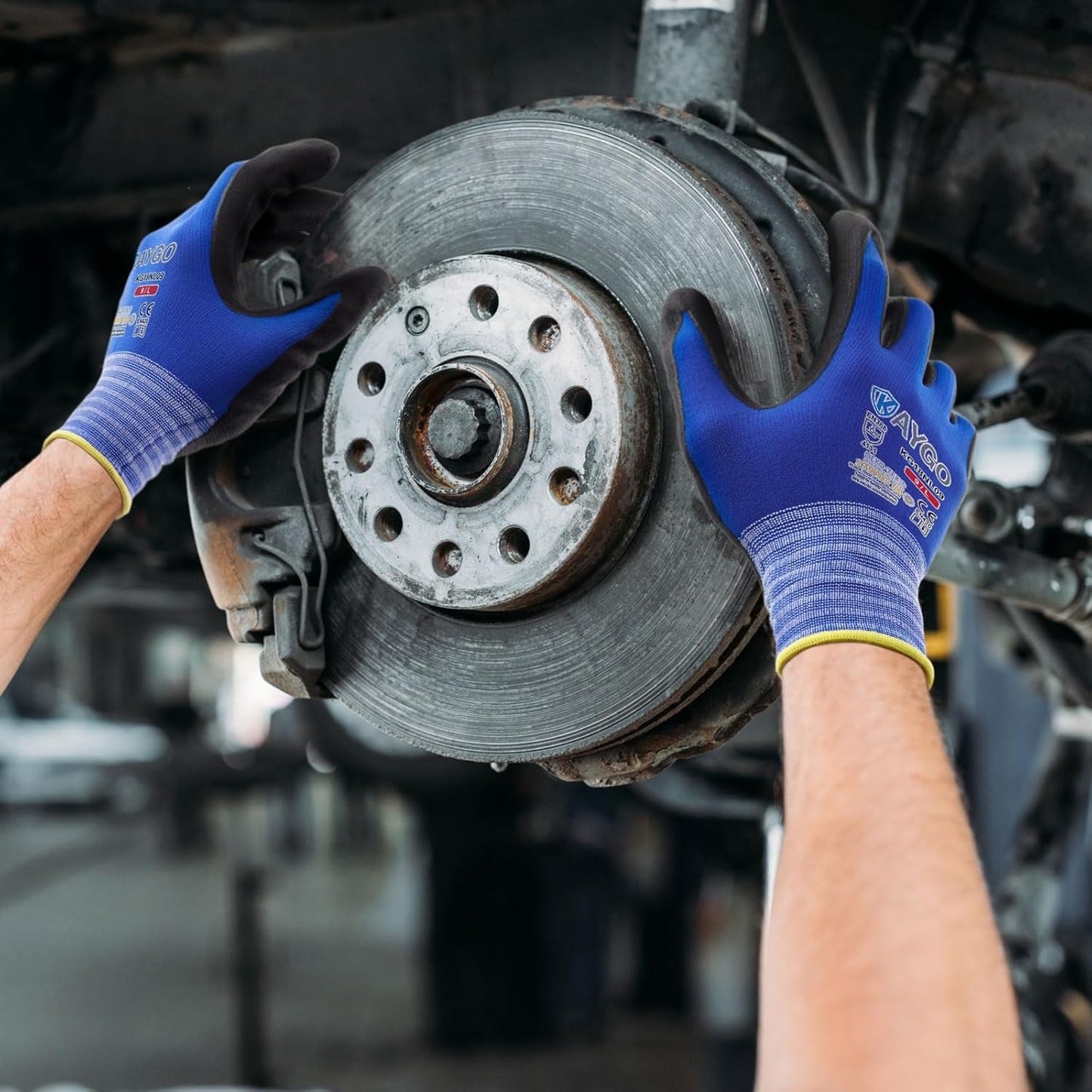 KAYGO Safety Work Gloves MicroFoam Nitrile Coated, 3 Pairs, KG18NB,Seamless Knit Nylon Glove with Black Micro-Foam Nitrile Grip,Ideal for General Purpose,Automotive,Home Improvement,Blue, XL