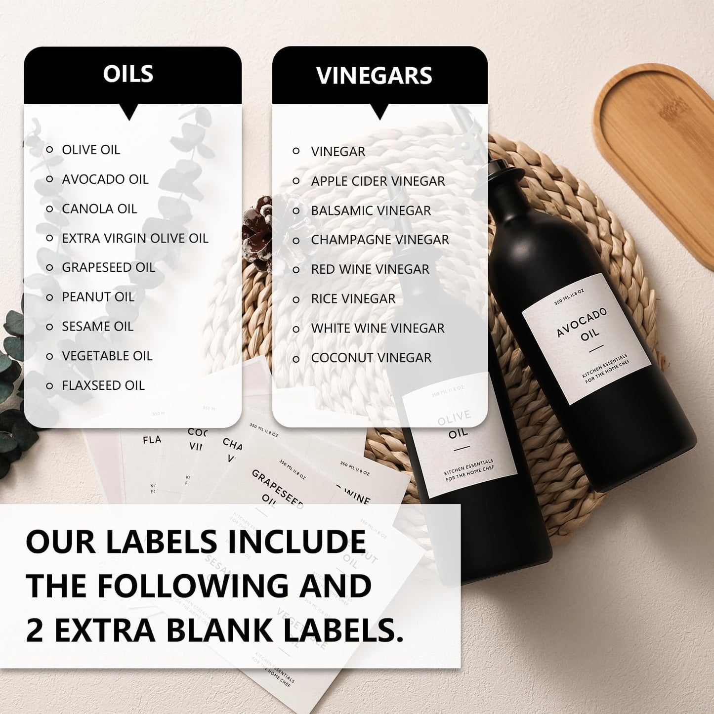 HOMCDALY Olive Oil Dispenser for Kitchen, 16oz Glass Oil Bottles with Bamboo Tray, Black Oil&Vinegar Cruet Set, Kitchen Dispenser Bottles with Pourer | Set of 2 (16oz – Black)