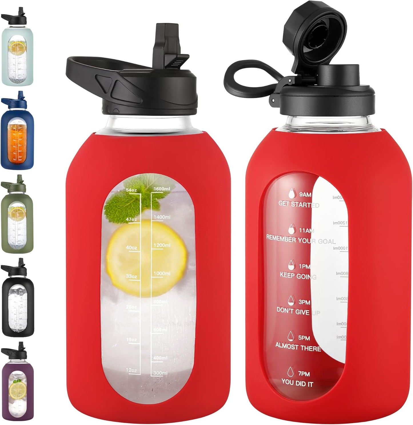 CIVAGO 64 oz Glass Water Bottle Jug with Straw and Handle, Half Gallon Sports Motivational Water Bottle with Time Marker, Wide Mouth Flask Canteen with Silicone Sleeve for Gym, Red