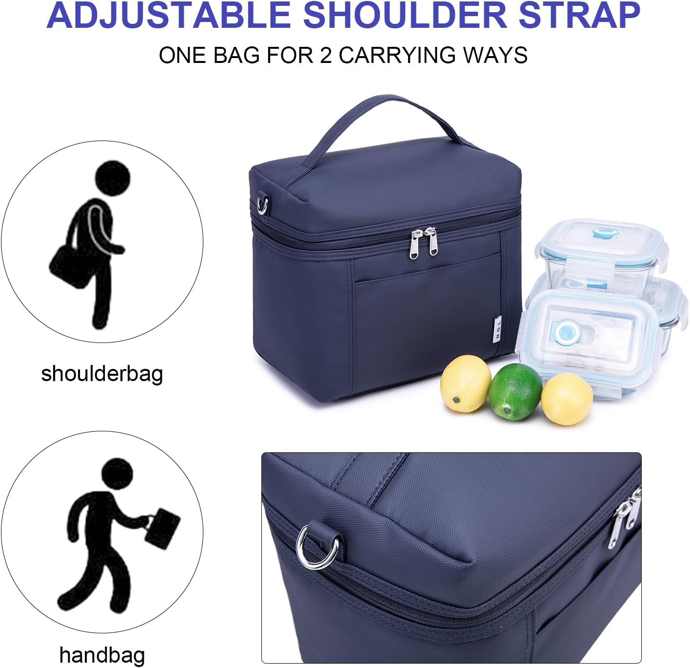 NOL Natural Organic Lifestyle Insulated Lunch Bags for Women Cooler Bag Lightweight Nylon Waterproof Lunch Box For Work (Navy blue, Medium(normal))