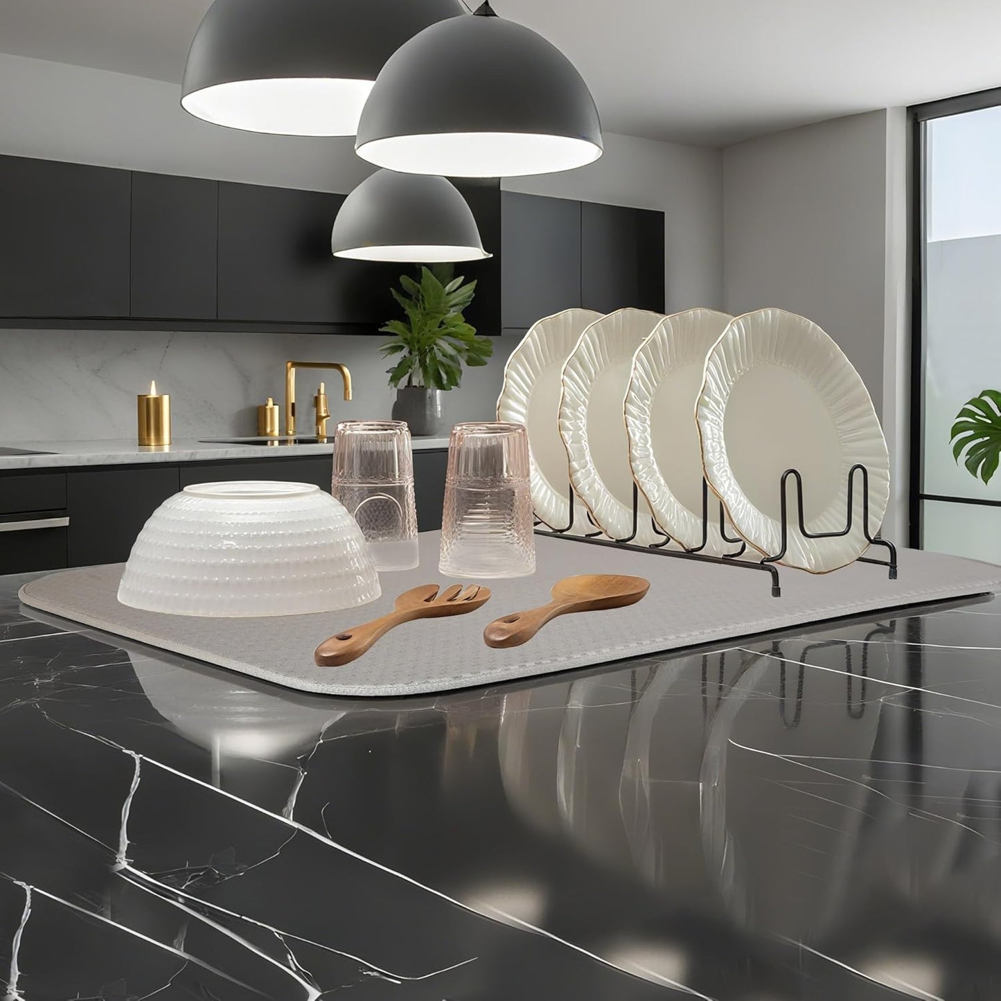 2-Pack Light Gray Dish Drying Mats 17” x 24” – XL Kitchen Drying Mat for Counter, Super Absorbent Microfiber Dish Drying Mat, Foldable Large Dish Drying Mat, Pots, Pans – Dish Drainer Mat