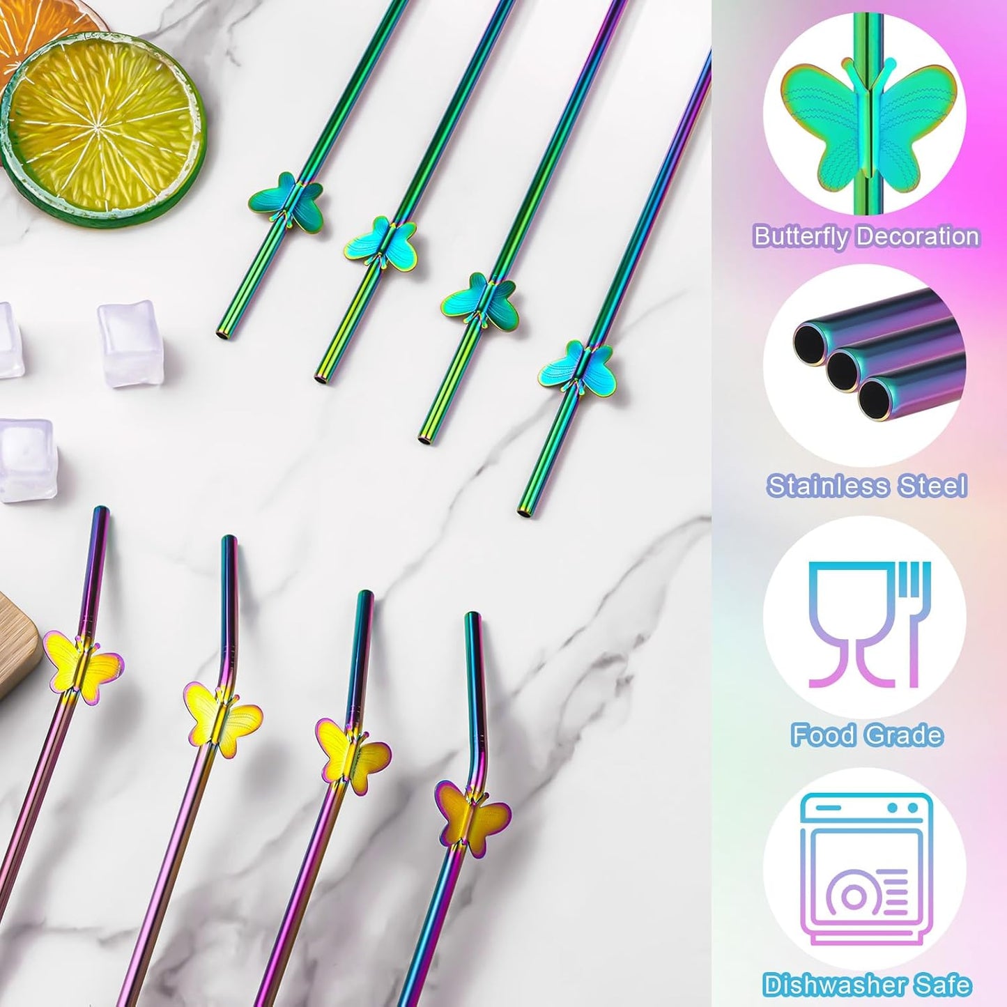 8 Pack 8" Reusable Stainless Steel Metal Straws Colorful, 4 Straight + 4 Bent Metal Drinking Straws for Tumblers Beverage Drink with Butterfly Charms and 1 Cleaning Brush