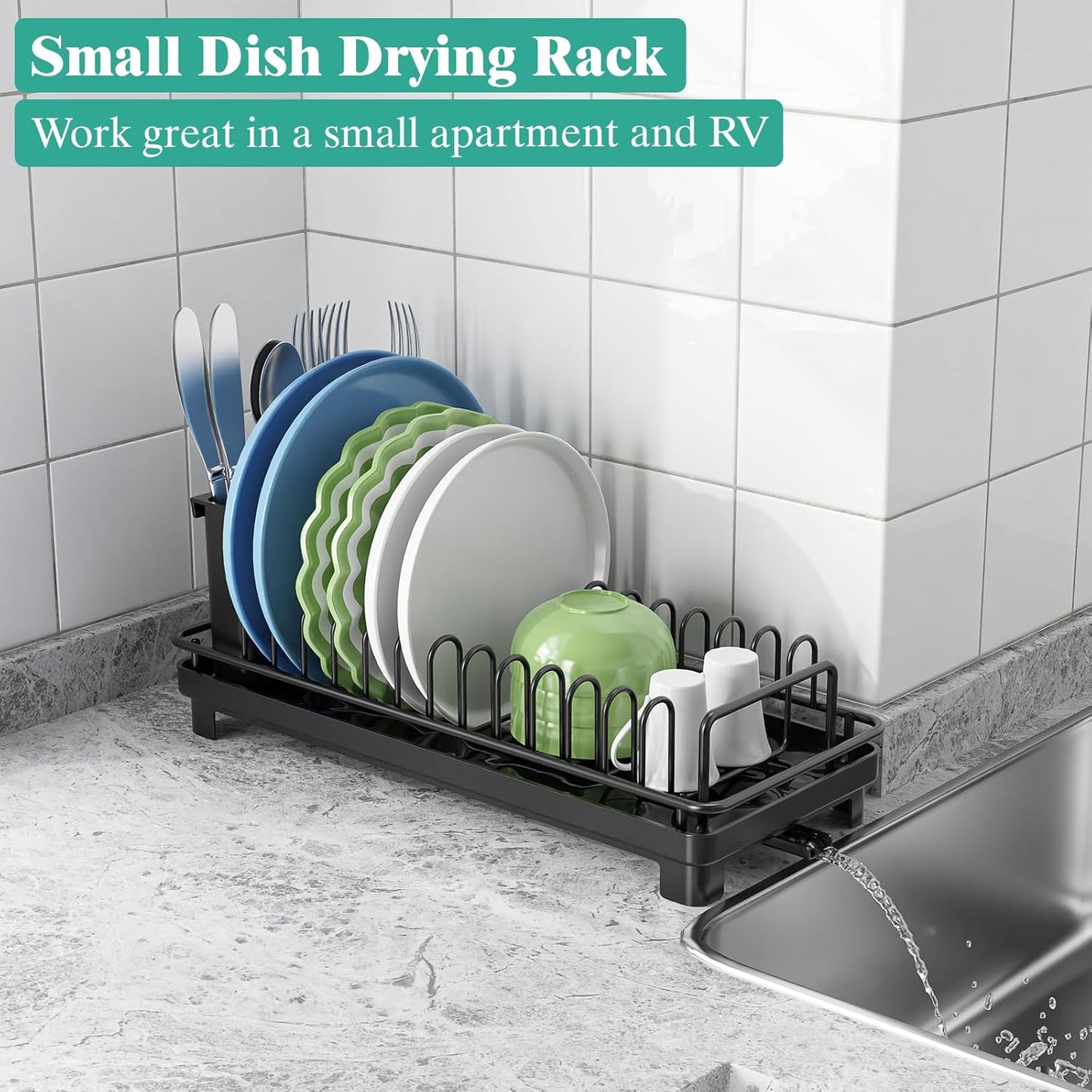 Giwil Small Dish Drying Rack, Compact Dish Rack with Drainboard for Kitchen Counter, Multifunctional Rustproof Dish Drainer Plate Organizer Used Over Sink & on Countertop, Black