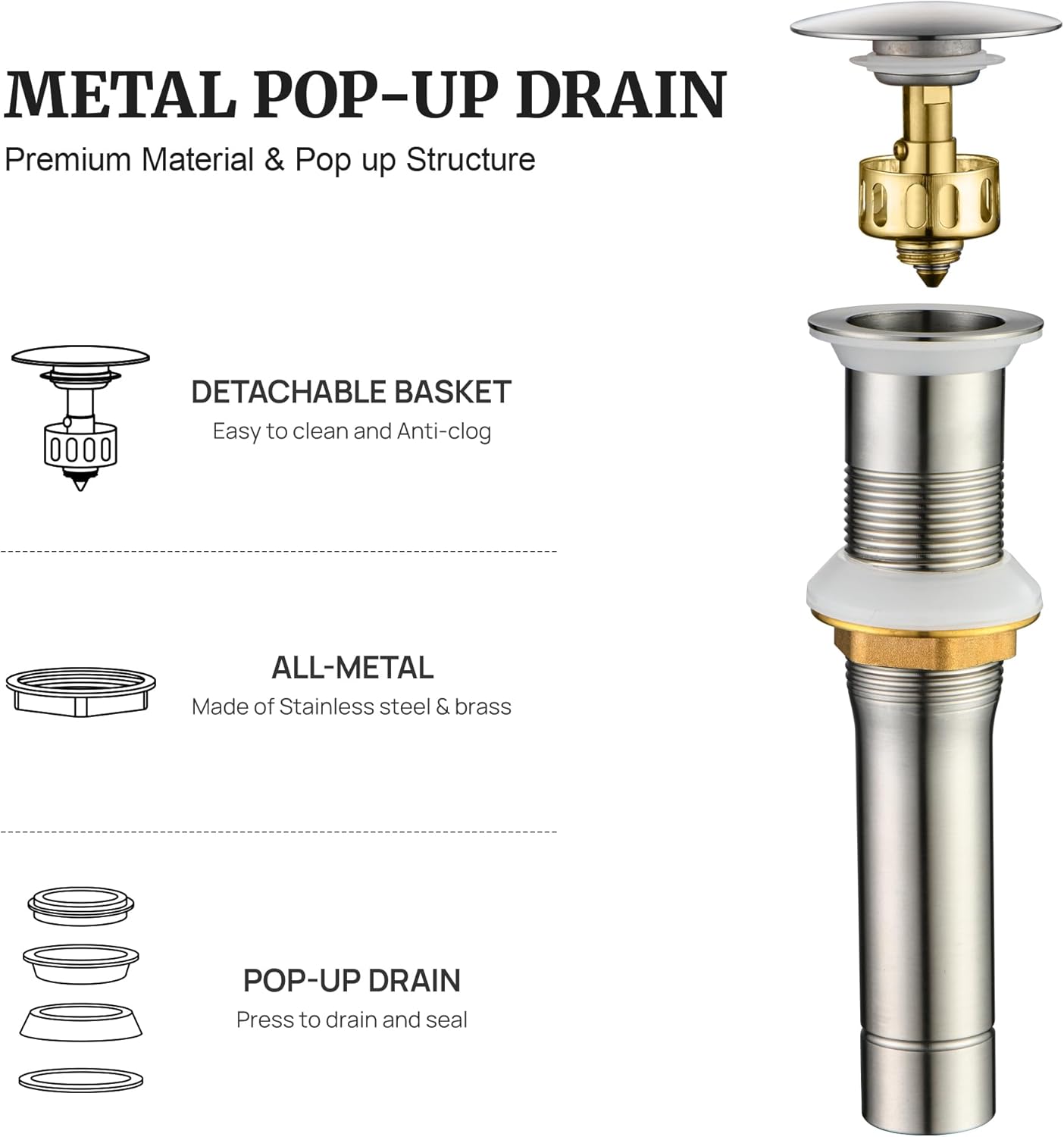 Pop up Sink Drain Stopper Without Overflow Brushed Nickel for Bathroom Vessel Vanity Sink Art Basin, Big Cap Sink Drain Without Overflow, Metal Pop-up Drain Strainer with Detachable Basket Stopper