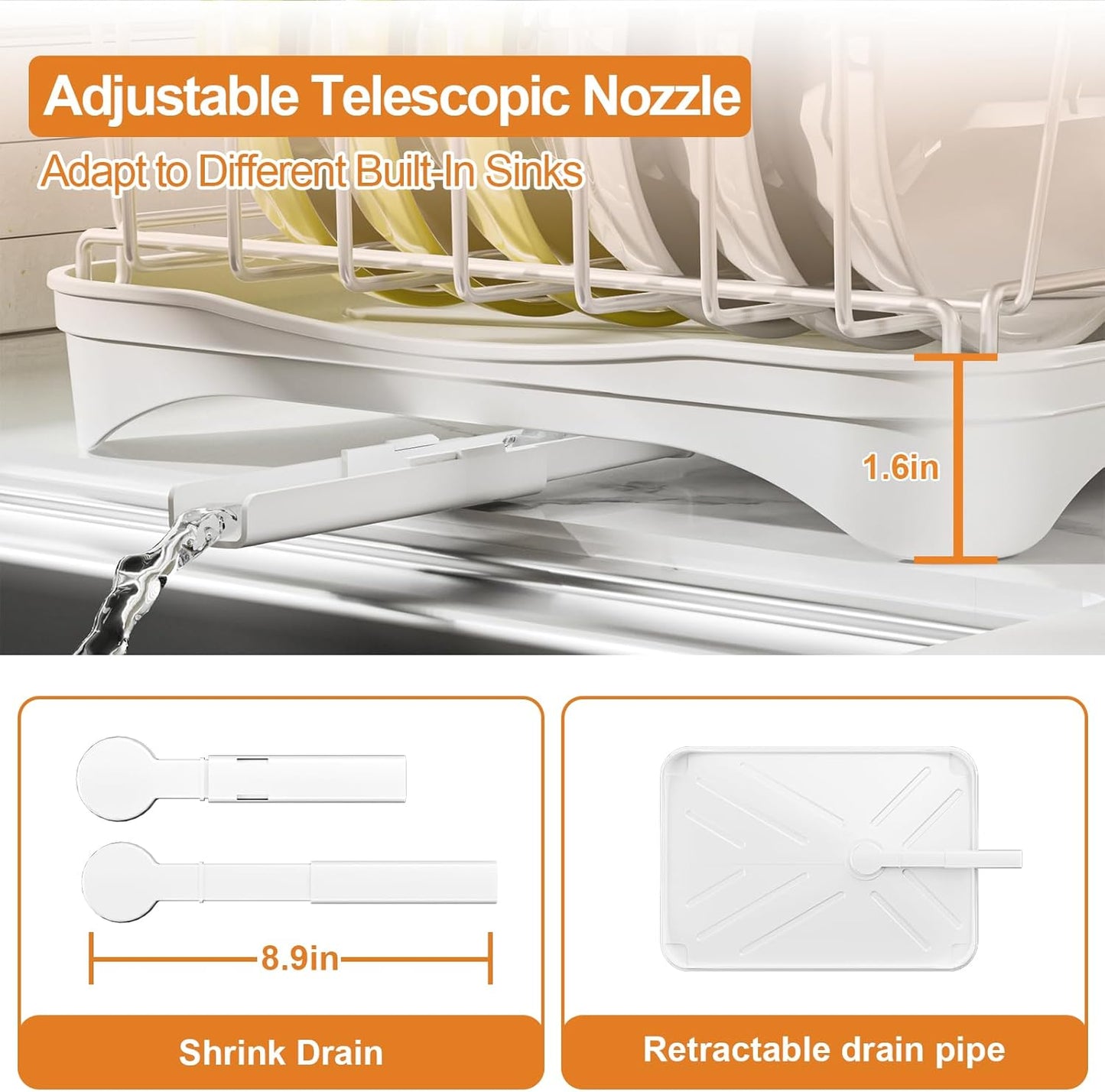 Stainless Steel Dish Drying Rack – 304 Grade Dish Racks for Kitchen Counter with Utensil Holder & Adjustable Spout, Space-Saving Organizer, 16.5" x 11.8" x 5.3" White