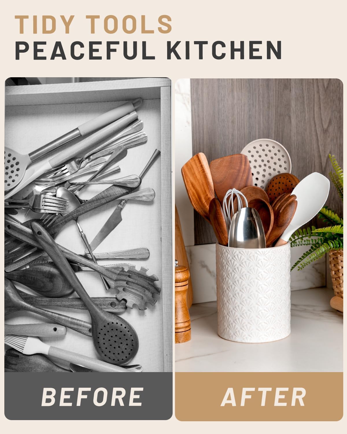 Nucookery 6.4'' Utensil Holder - Ceramic Utensil Holder for Kitchen Counter, Large Capacity Countertop Storage, Farmhouse Style Utensil Crock Organizer for Spoons, Spatulas & Cooking Tools