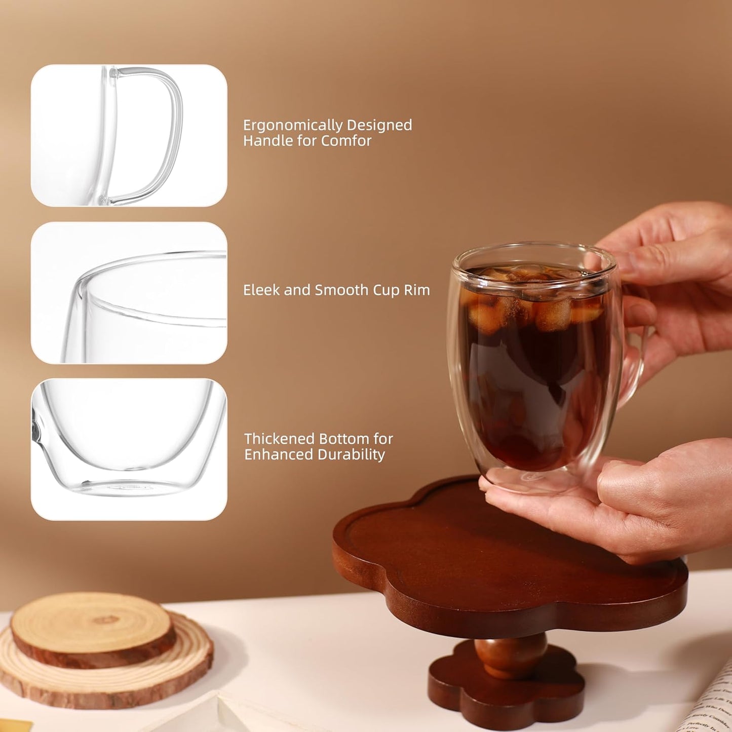 CNGLASS 12oz Double Walled Glass Coffee Mugs(4-pack),Insulated Glass Mugs with Handle,Clear Espresso Cups for Latte,Cappuccino,Tea Bag