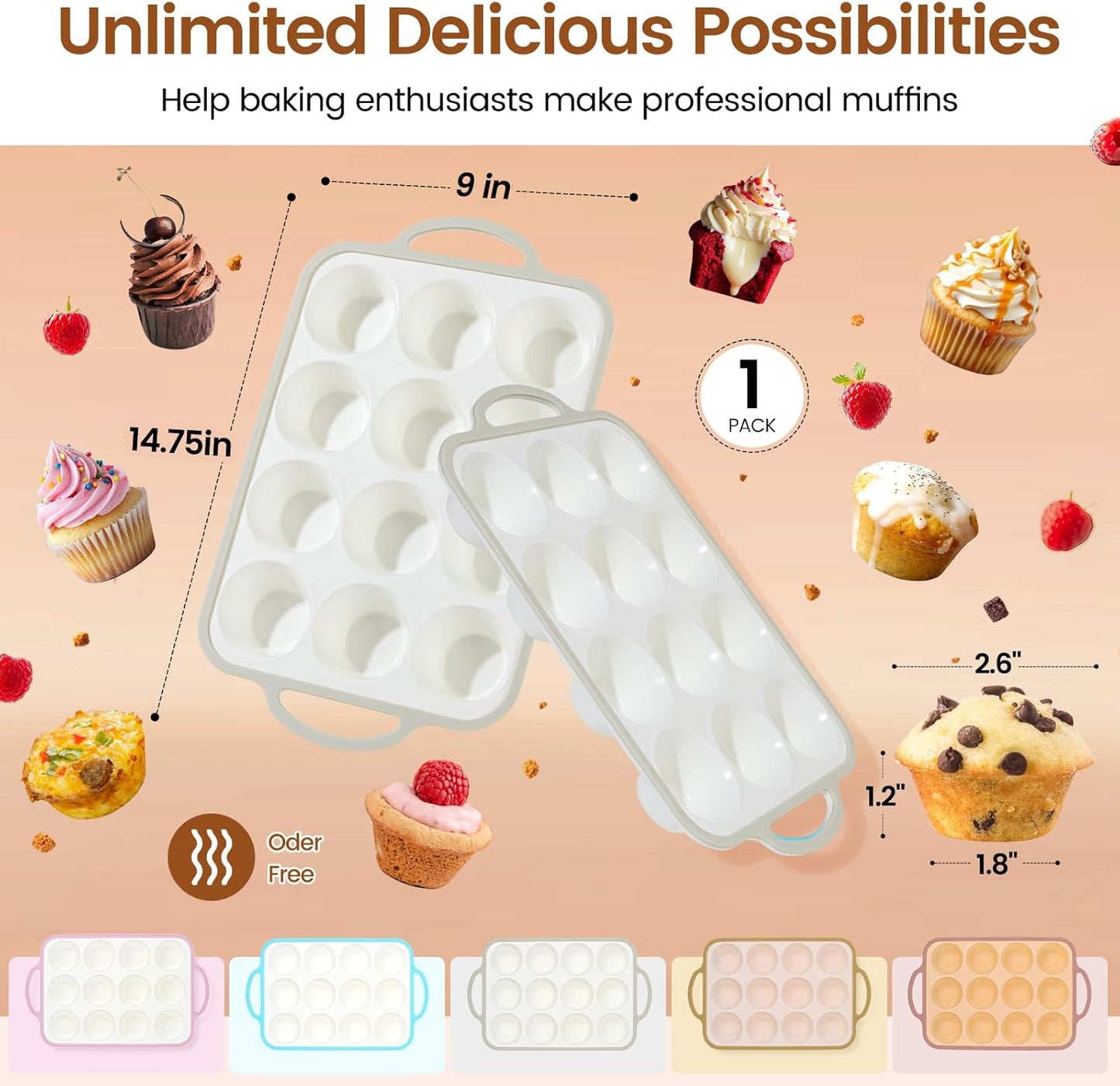 Silicone Muffin Pans for Baking 1 Pack, 2.6 Inch with Metal Reinforced Frame, Regular Size Nonstick Cupcake Pan 12 Cups for Baking Homemade Muffins, Dishwasher Safe BPA Free-Grey