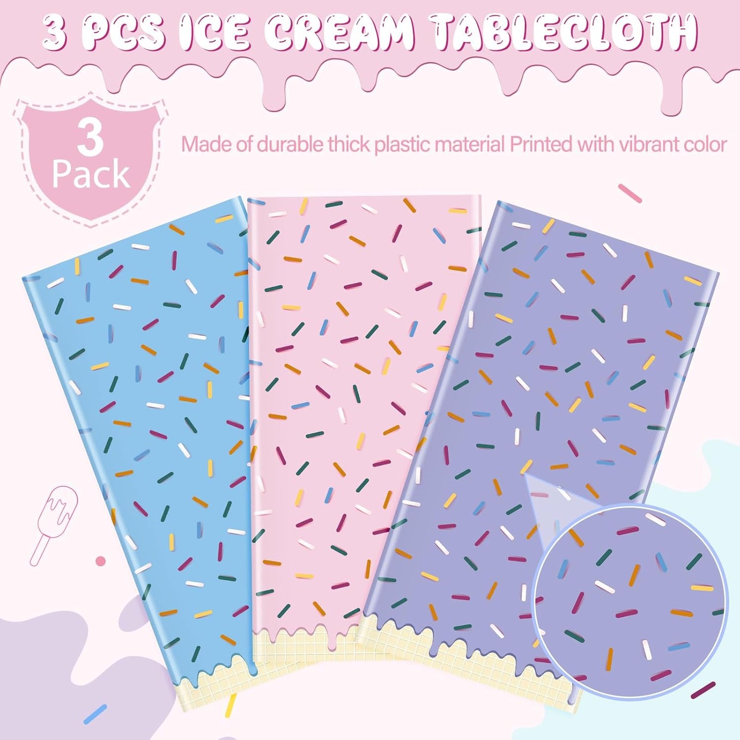 3pcs Sprinkle Ice Cream Party Decorations Tablecloths,Disposable Plastic Rectangle Table Covers for Baby Shower Sweet One Girl Birthday Donut Themed Party Supplies, 3 Color,54 X 108 Inch