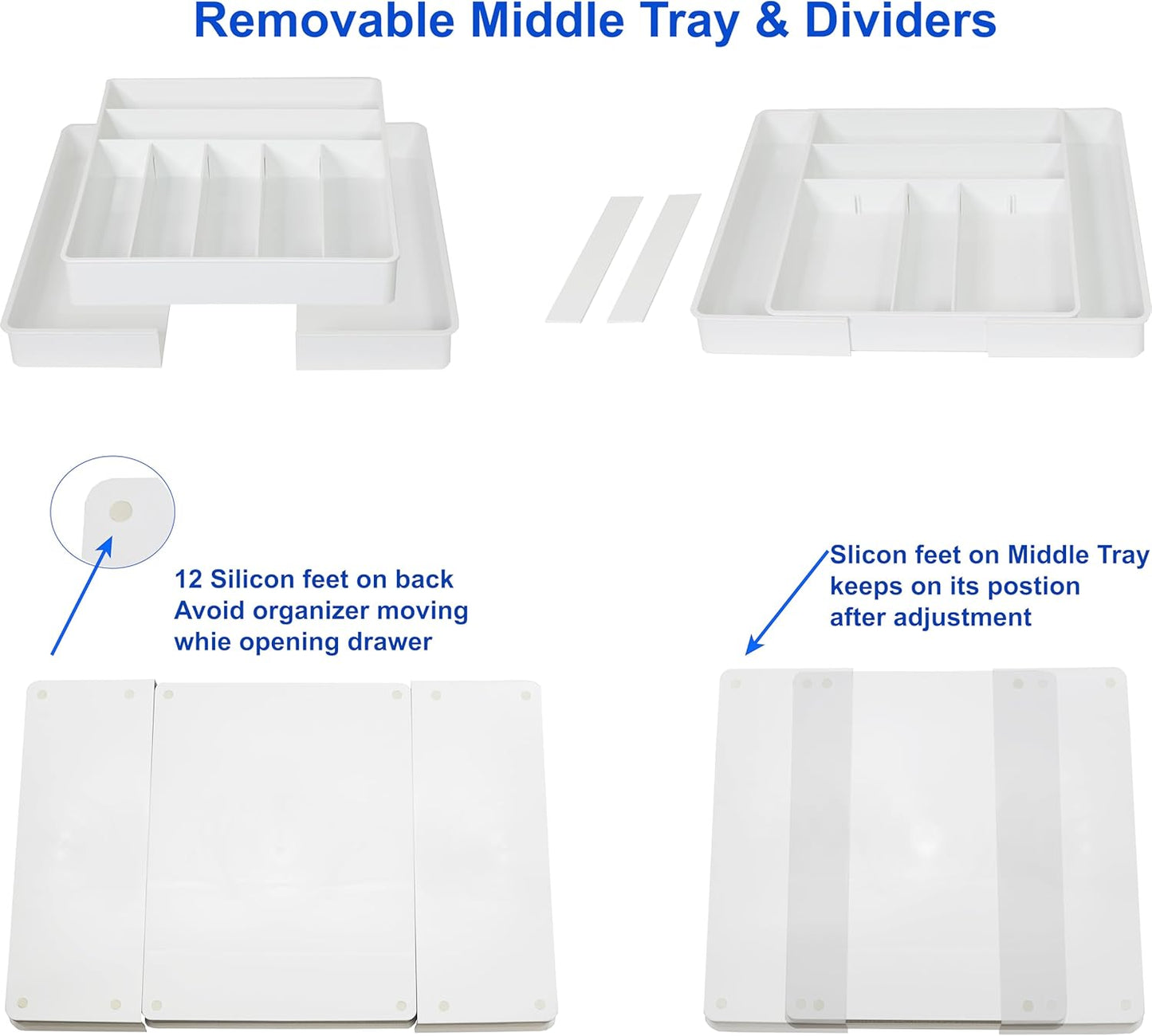 Simple Houseware Expandable & Adjustable Cutlery Drawer Organizer - Large Utensil and Flatware Tray for Kitchen Drawers, White